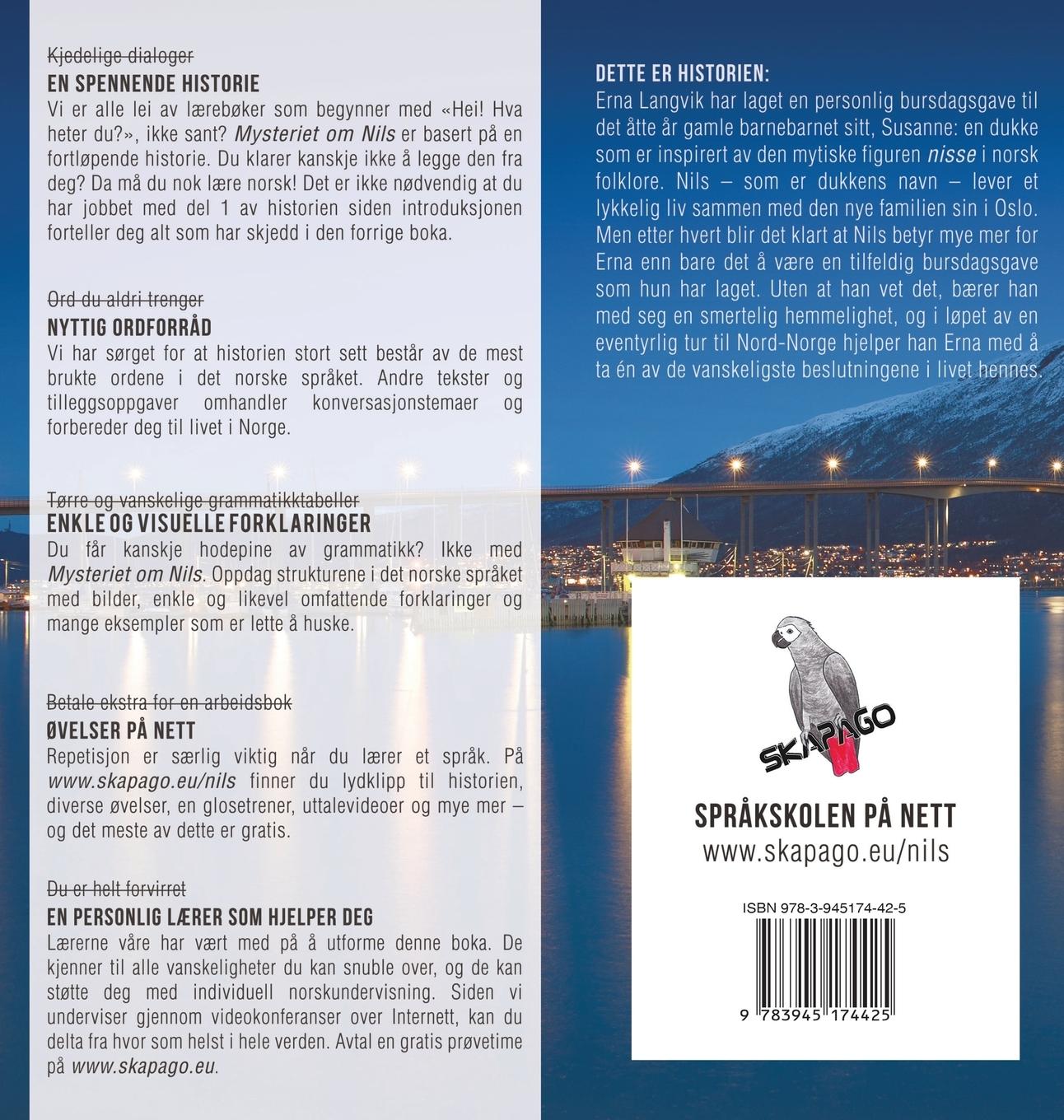 Rückseitencover Mysteriet om Nils. Lær norsk med en spennende historie. Norskkurs for deg som kan noe norsk fra før (nivå B1-B2).