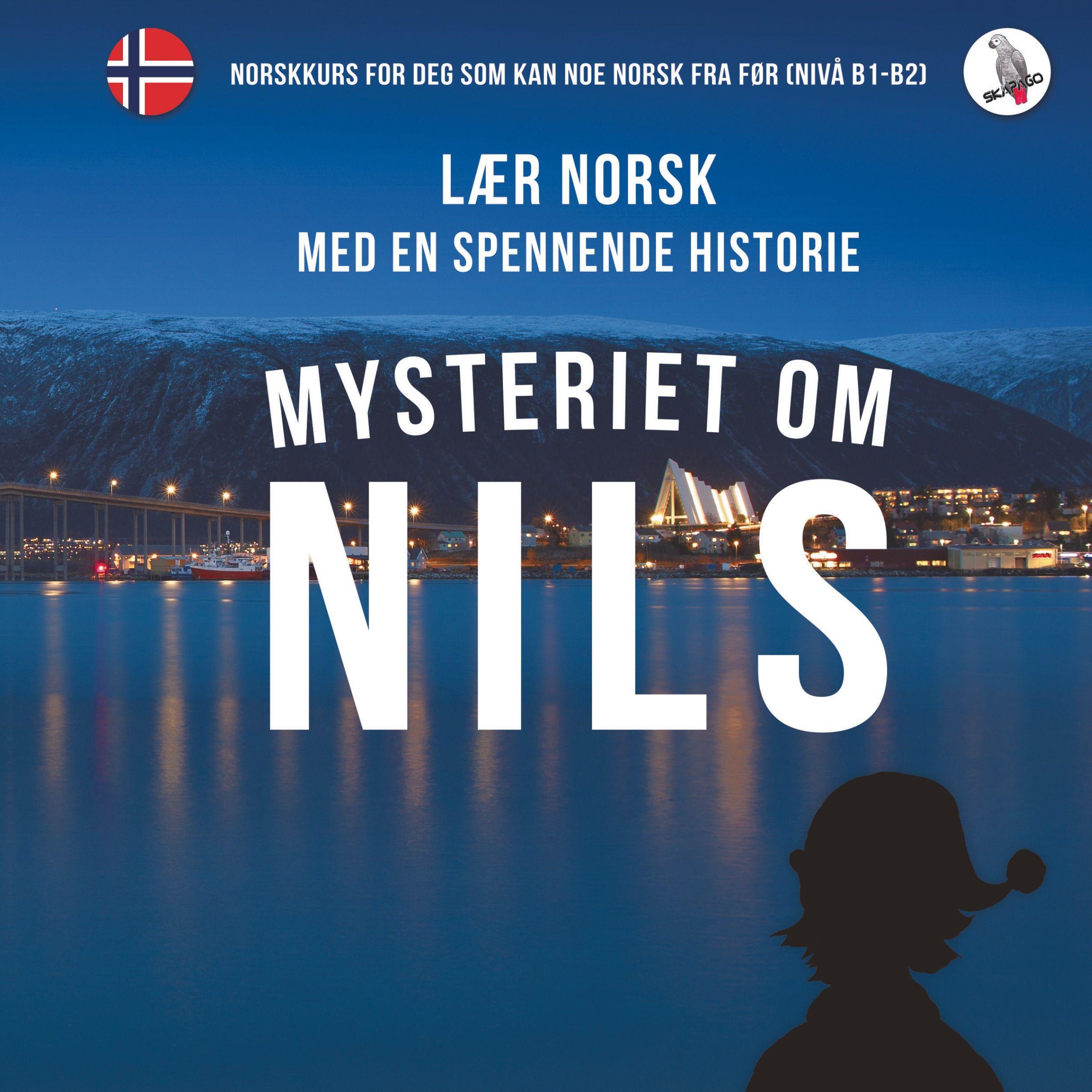 Vorderes Coverbild Mysteriet om Nils. Lær norsk med en spennende historie. Norskkurs for deg som kan noe norsk fra før (nivå B1-B2).