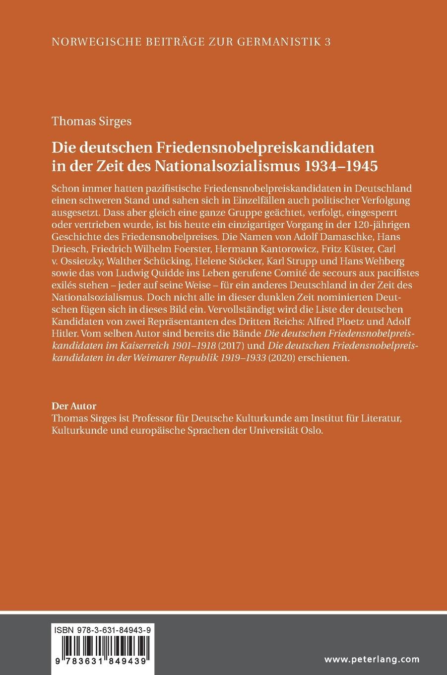 Rückseitencover Die deutschen Friedensnobelpreiskandidaten in der Zeit des Nationalsozialismus 1934-1945