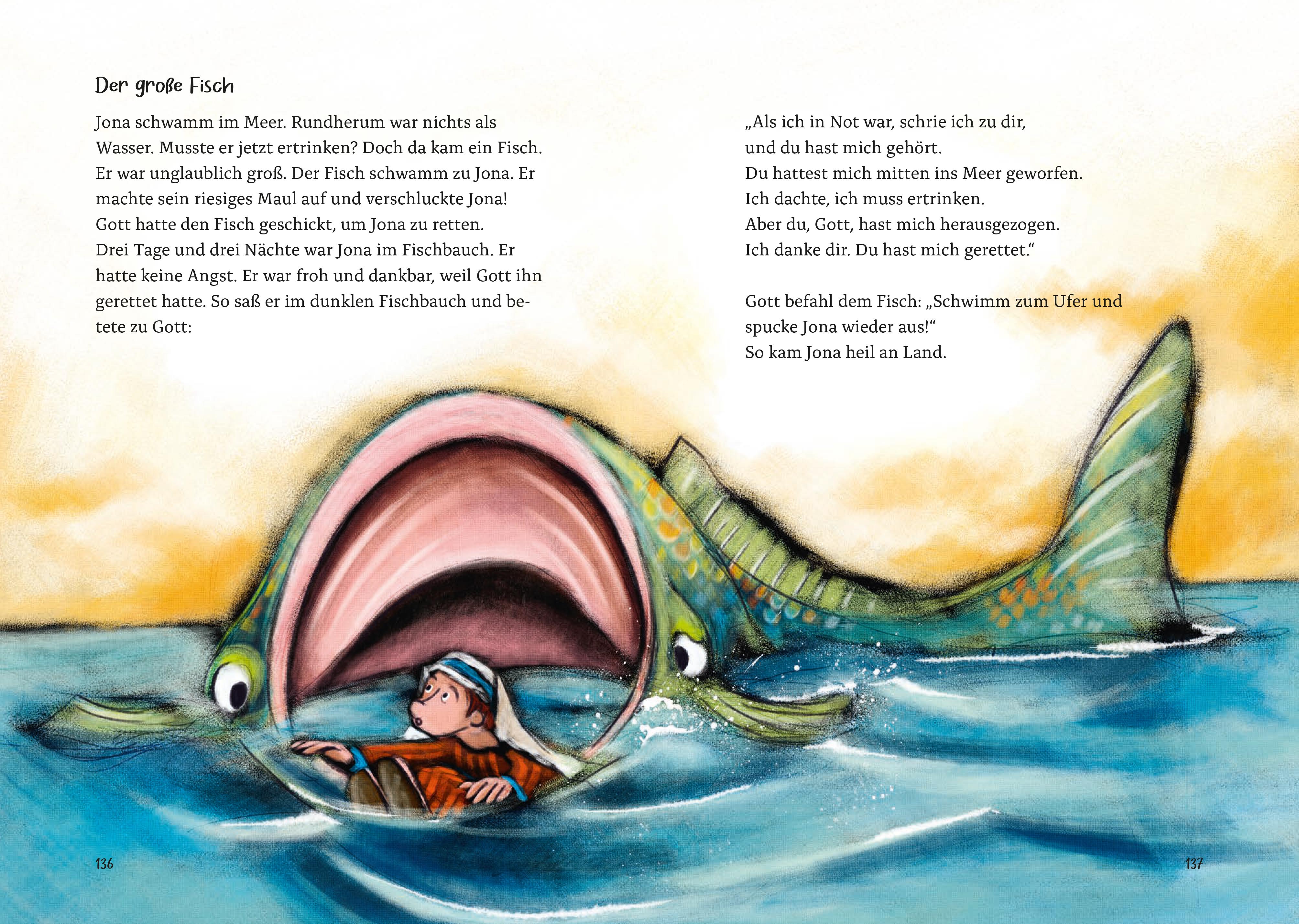 Beispielinhalt (Bild) Die große Kinderbibel für alle. Die bekanntesten Geschichten aus der Bibel für Kinder erzählt. Originell & farbenfroh illustriert. Ab 6 Jahren oder zum Vorlesen in der Familie, Kita & Grundschule