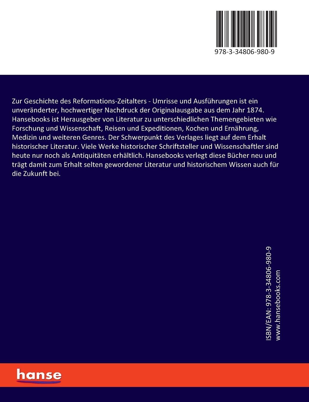 Rückseitencover Zur Geschichte des Reformations-Zeitalters