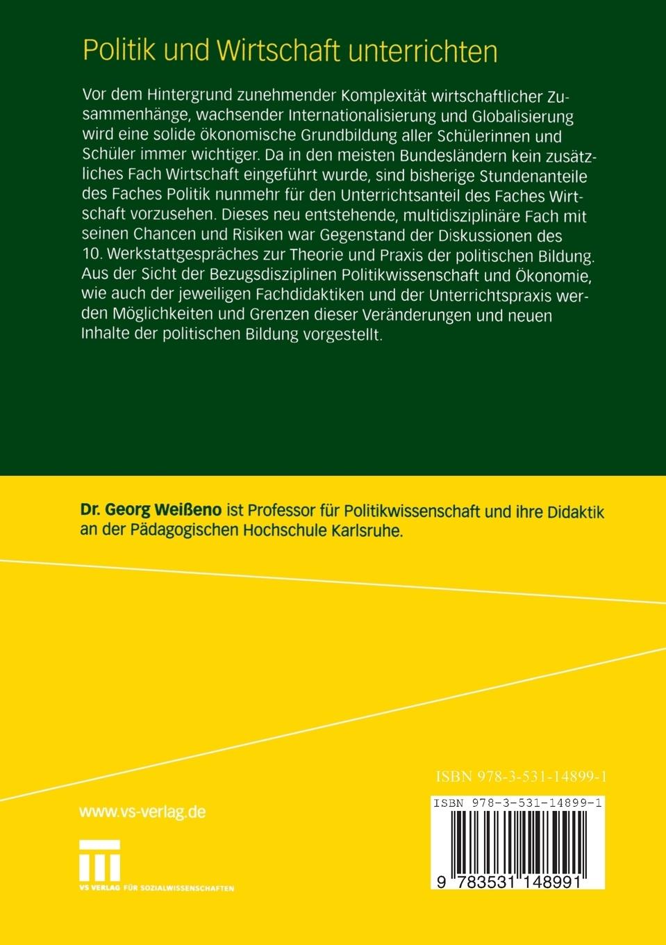 Rückseitencover Politik und Wirtschaft unterrichten