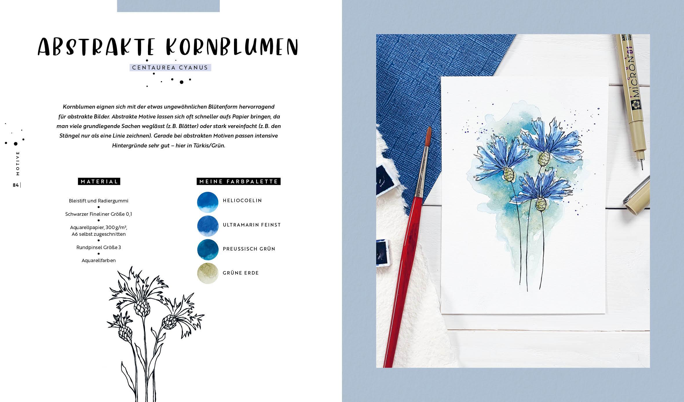 Beispielinhalt (Bild) Watercolor - Florale Motive aus Wiese, Wald & Garten mit Aquarell und Fineliner