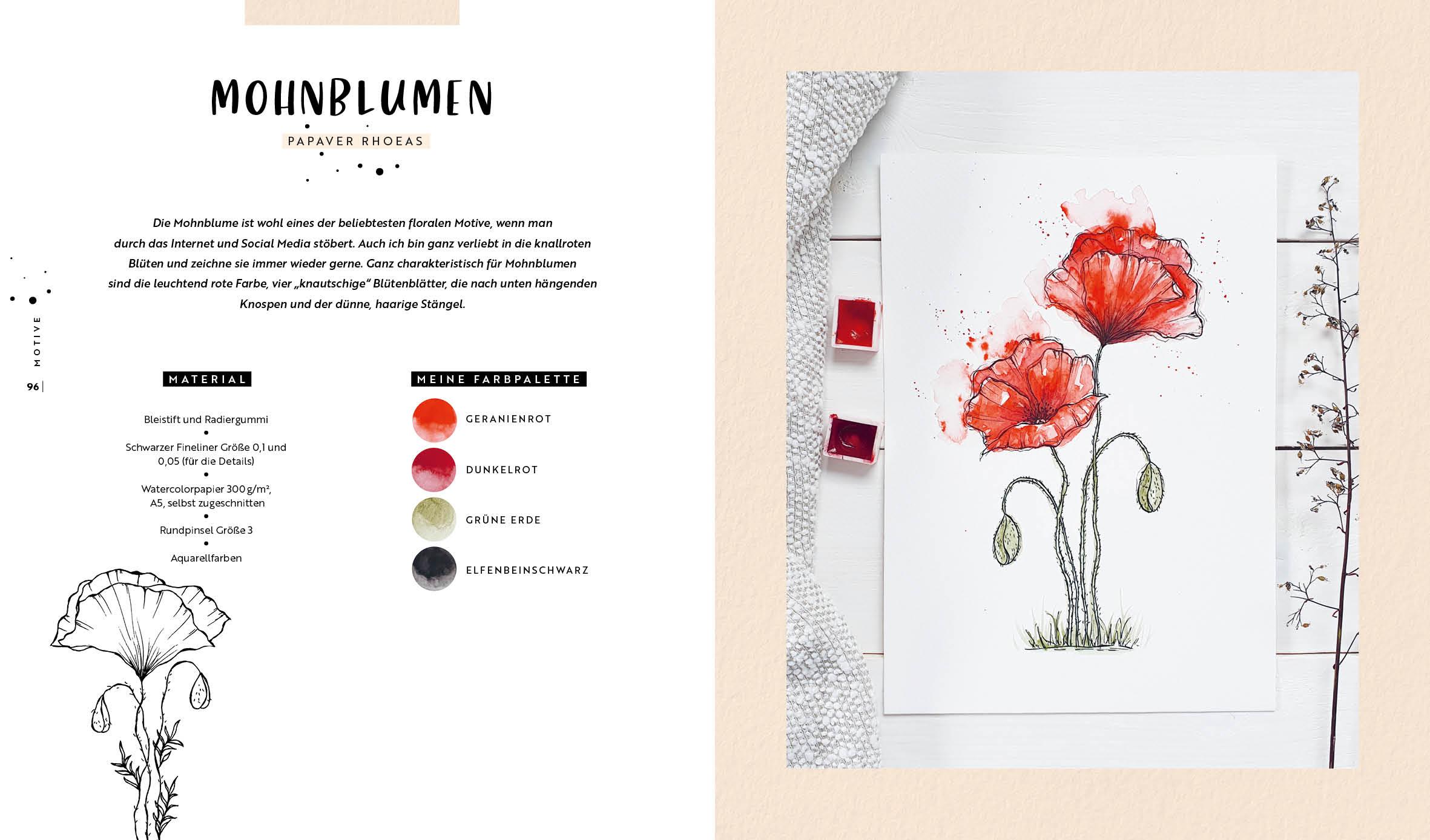 Beispielinhalt (Bild) Watercolor - Florale Motive aus Wiese, Wald & Garten mit Aquarell und Fineliner