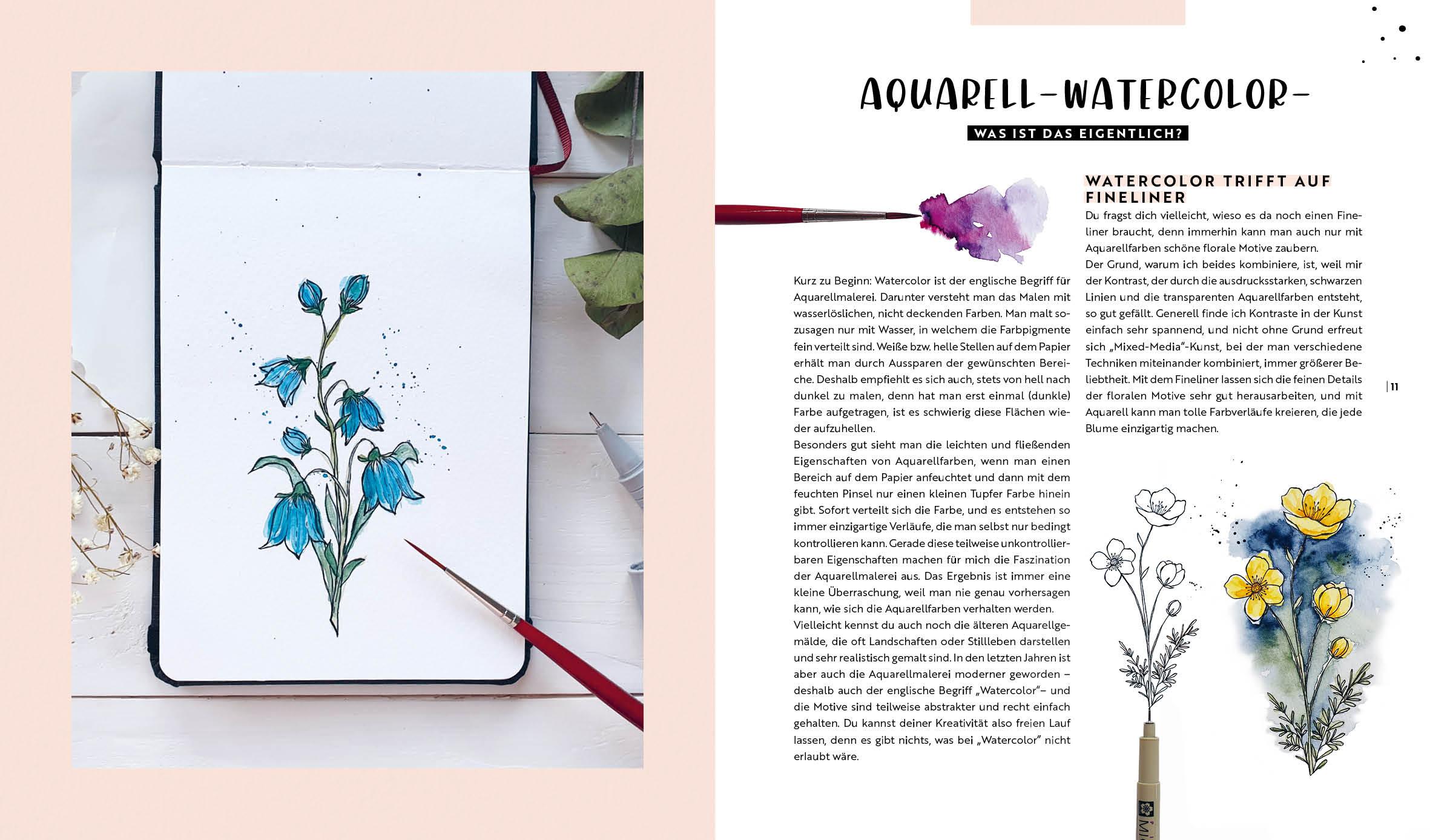 Beispielinhalt (Bild) Watercolor - Florale Motive aus Wiese, Wald & Garten mit Aquarell und Fineliner