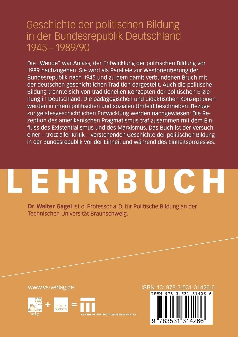 Rückseitencover Geschichte der politischen Bildung in der Bundesrepublik Deutschland 1945 - 1989/90