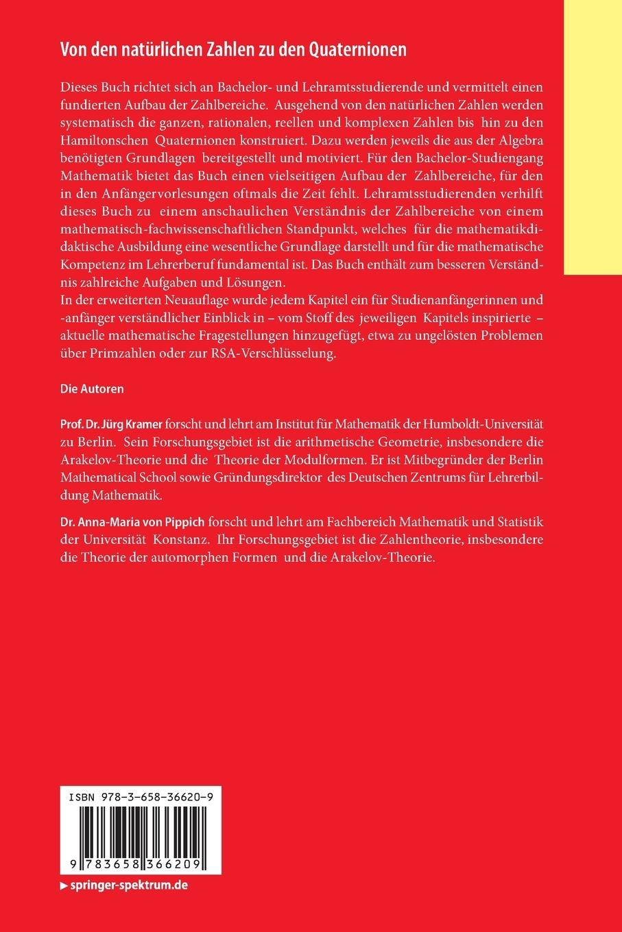 Rückseitencover Von den natürlichen Zahlen zu den Quaternionen