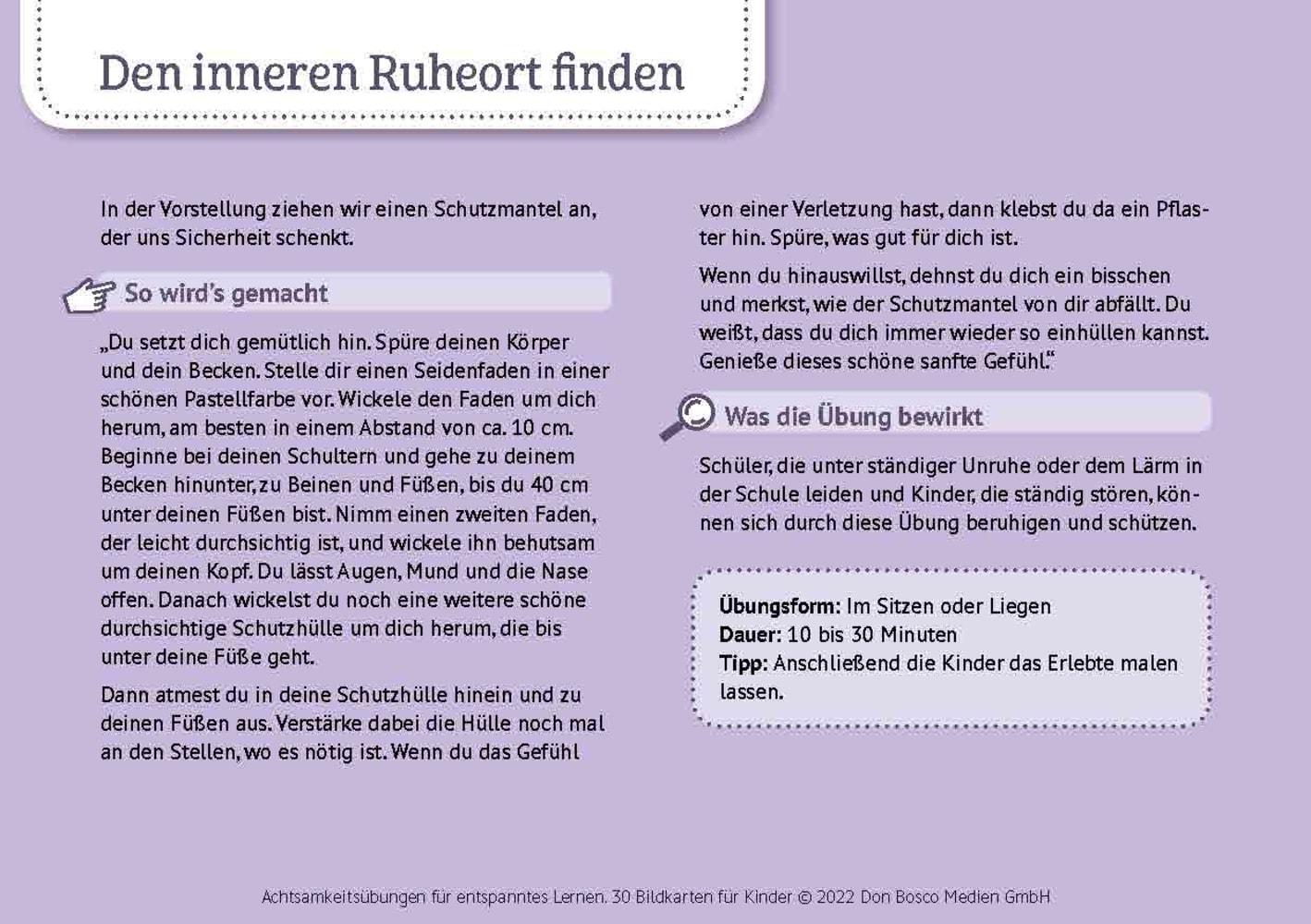 Beispielinhalt (Bild) Achtsamkeitsübungen für entspanntes Lernen. 30 Bildkarten für Kinder