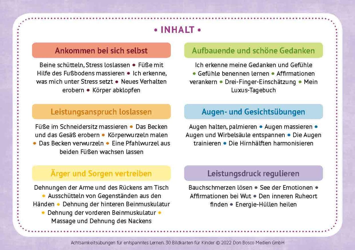Beispielinhalt (Bild) Achtsamkeitsübungen für entspanntes Lernen. 30 Bildkarten für Kinder