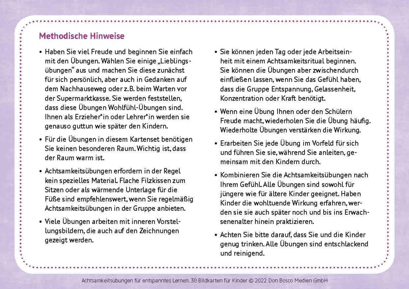 Beispielinhalt (Bild) Achtsamkeitsübungen für entspanntes Lernen. 30 Bildkarten für Kinder