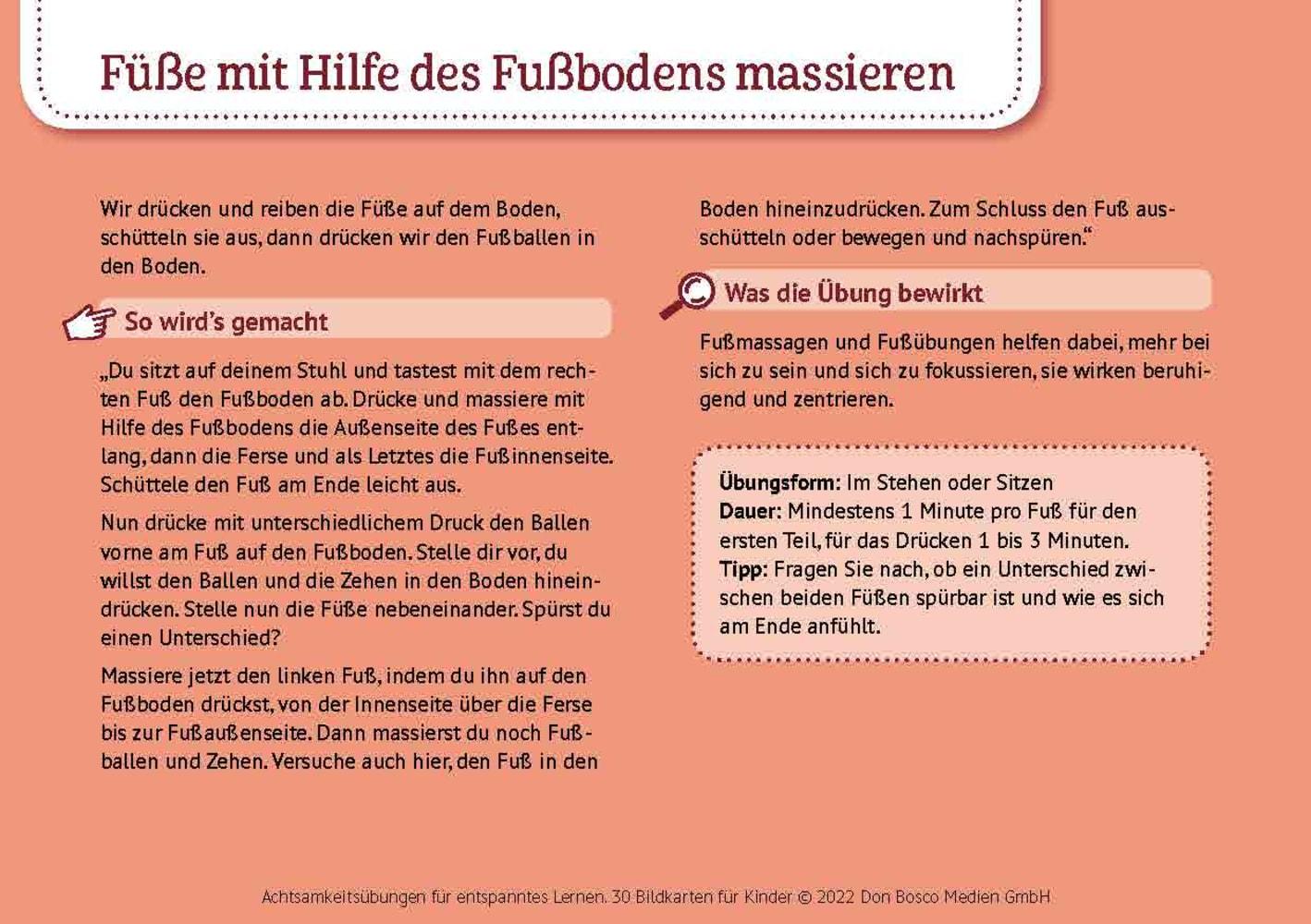 Beispielinhalt (Bild) Achtsamkeitsübungen für entspanntes Lernen. 30 Bildkarten für Kinder