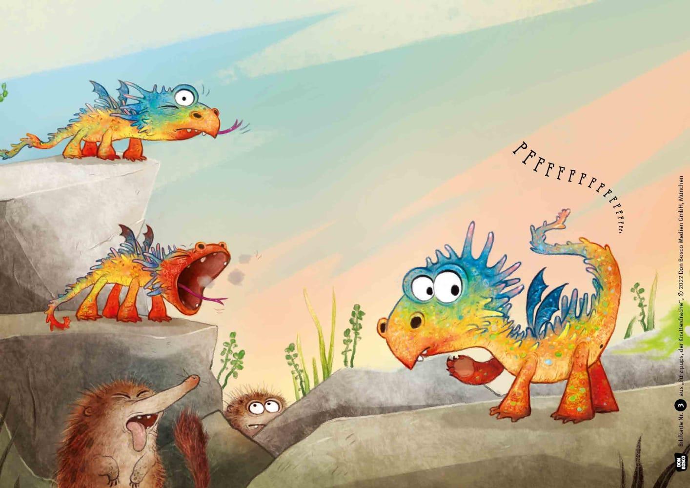 Beispielinhalt (Bild) Furzipups, der Knatterdrache. Kamishibai Bildkartenset