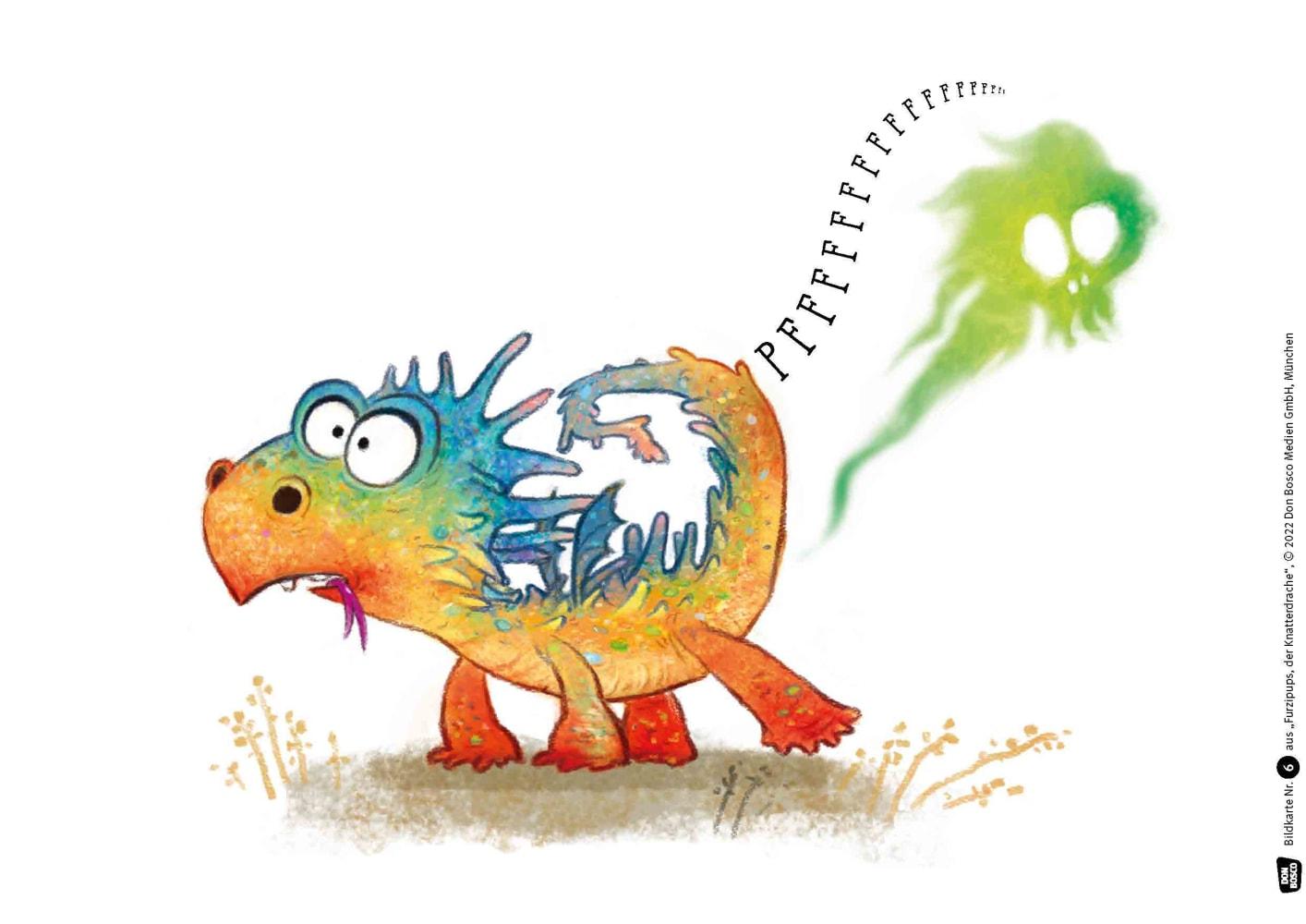 Beispielinhalt (Bild) Furzipups, der Knatterdrache. Kamishibai Bildkartenset