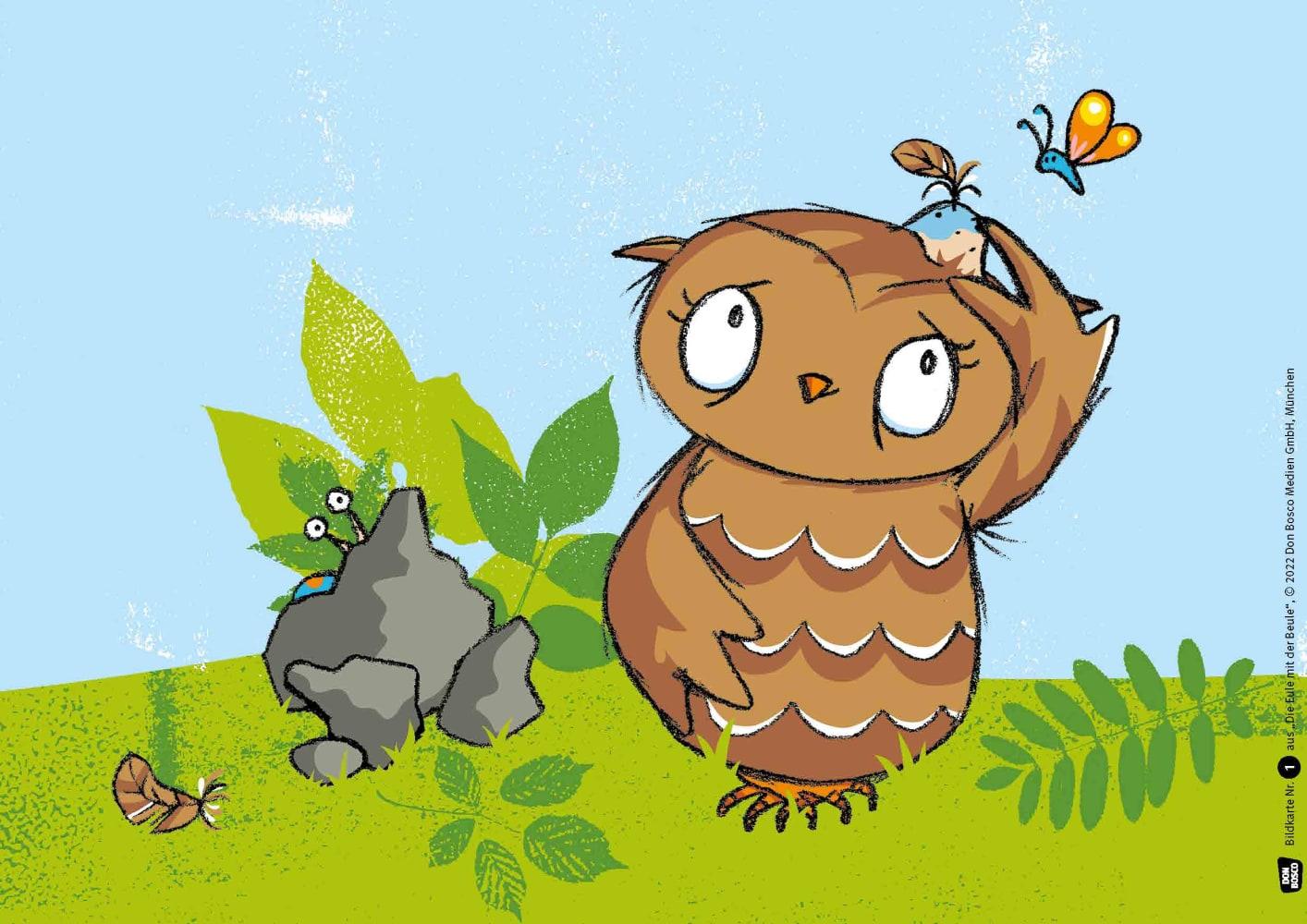 Beispielinhalt (Bild) Die Eule mit der Beule. Kamishibai Bildkartenset