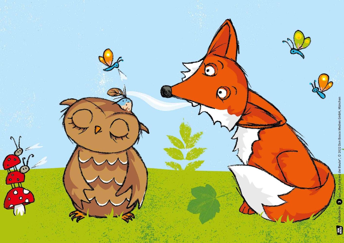 Beispielinhalt (Bild) Die Eule mit der Beule. Kamishibai Bildkartenset