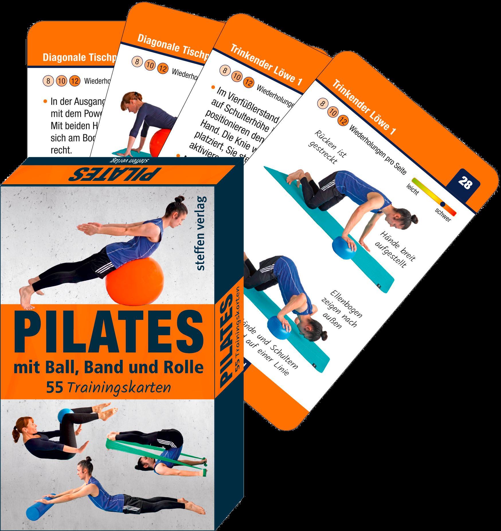 Vorderes Coverbild Trainingskarten: Pilates mit Ball, Band und Rolle