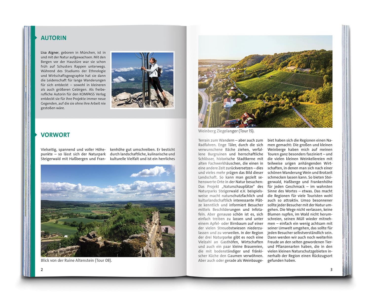 Beispielinhalt (Bild) KOMPASS Wanderführer Steigerwald mit Haßbergen und Frankenhöhe, 55 Touren mit Extra-Tourenkarte