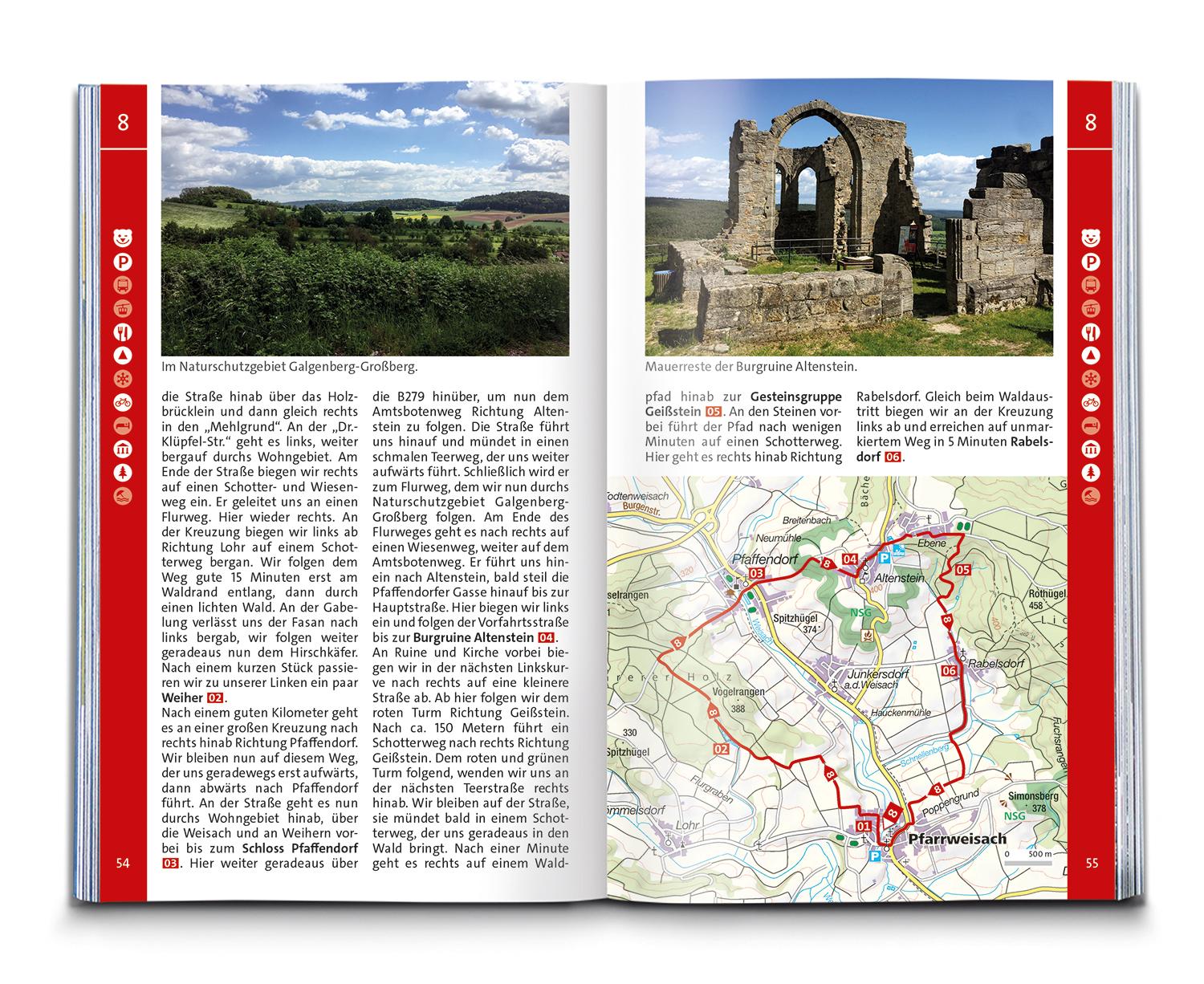 Beispielinhalt (Bild) KOMPASS Wanderführer Steigerwald mit Haßbergen und Frankenhöhe, 55 Touren mit Extra-Tourenkarte