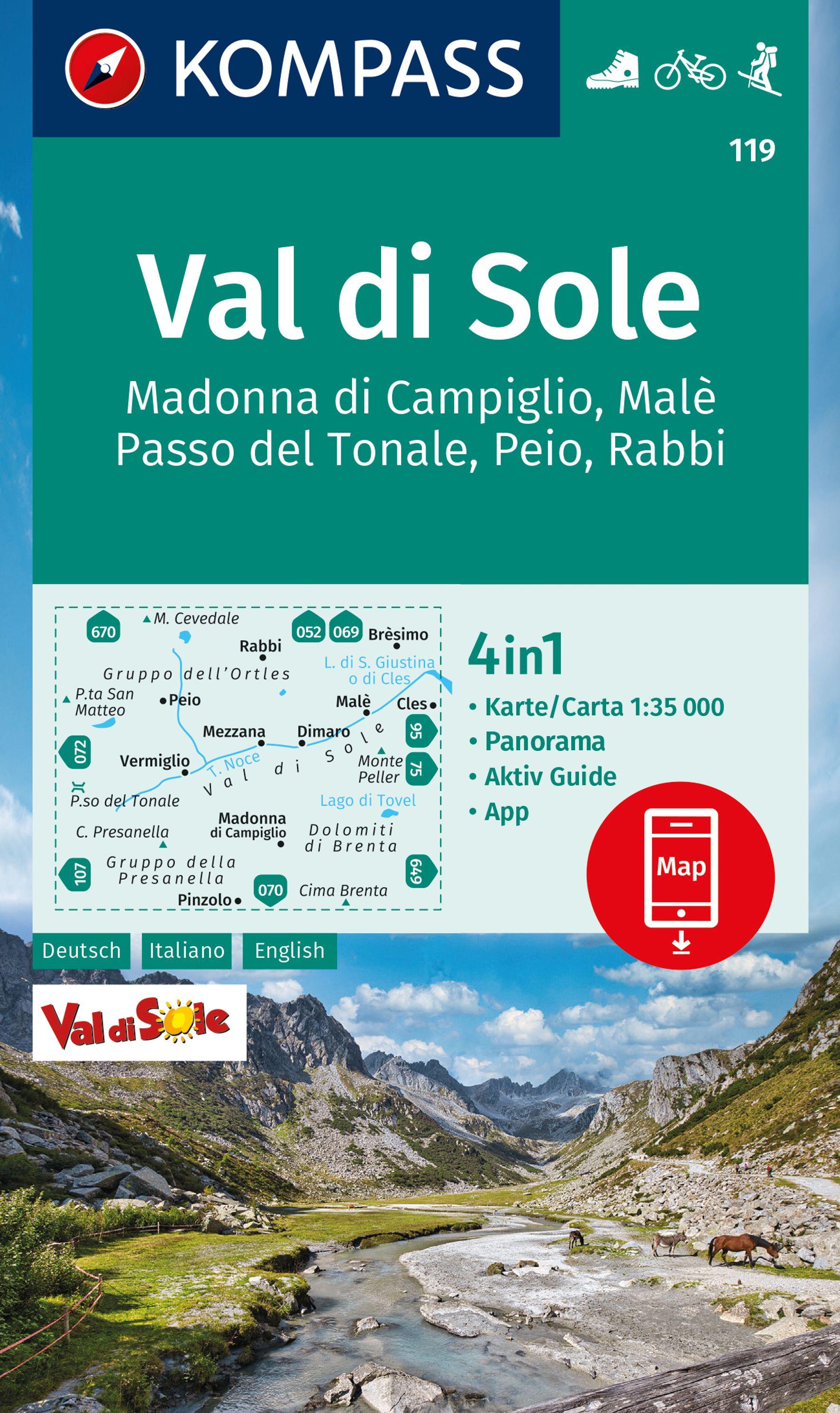 Vorderes Coverbild KOMPASS Wanderkarte 119 Val di Sole, Madonna di Campiglio, Malè, Passo del Tonale, Peio, Rabbi 1:35.000