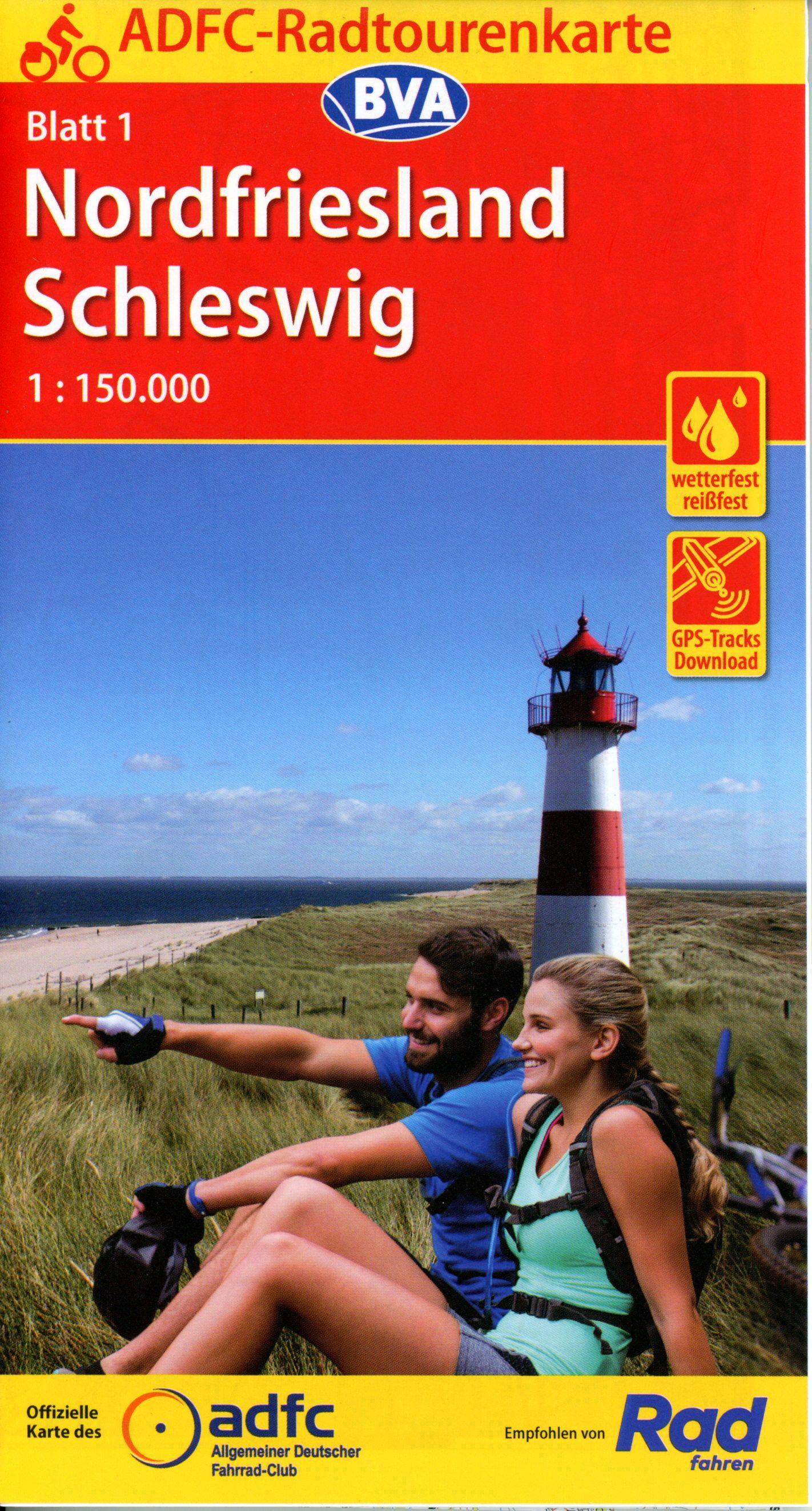 Vorderes Coverbild ADFC-Radtourenkarte 1 Nordfriesland /Schleswig 1:150.000, reiß- und wetterfest, E-Bike geeignet, GPS-Tracks Download