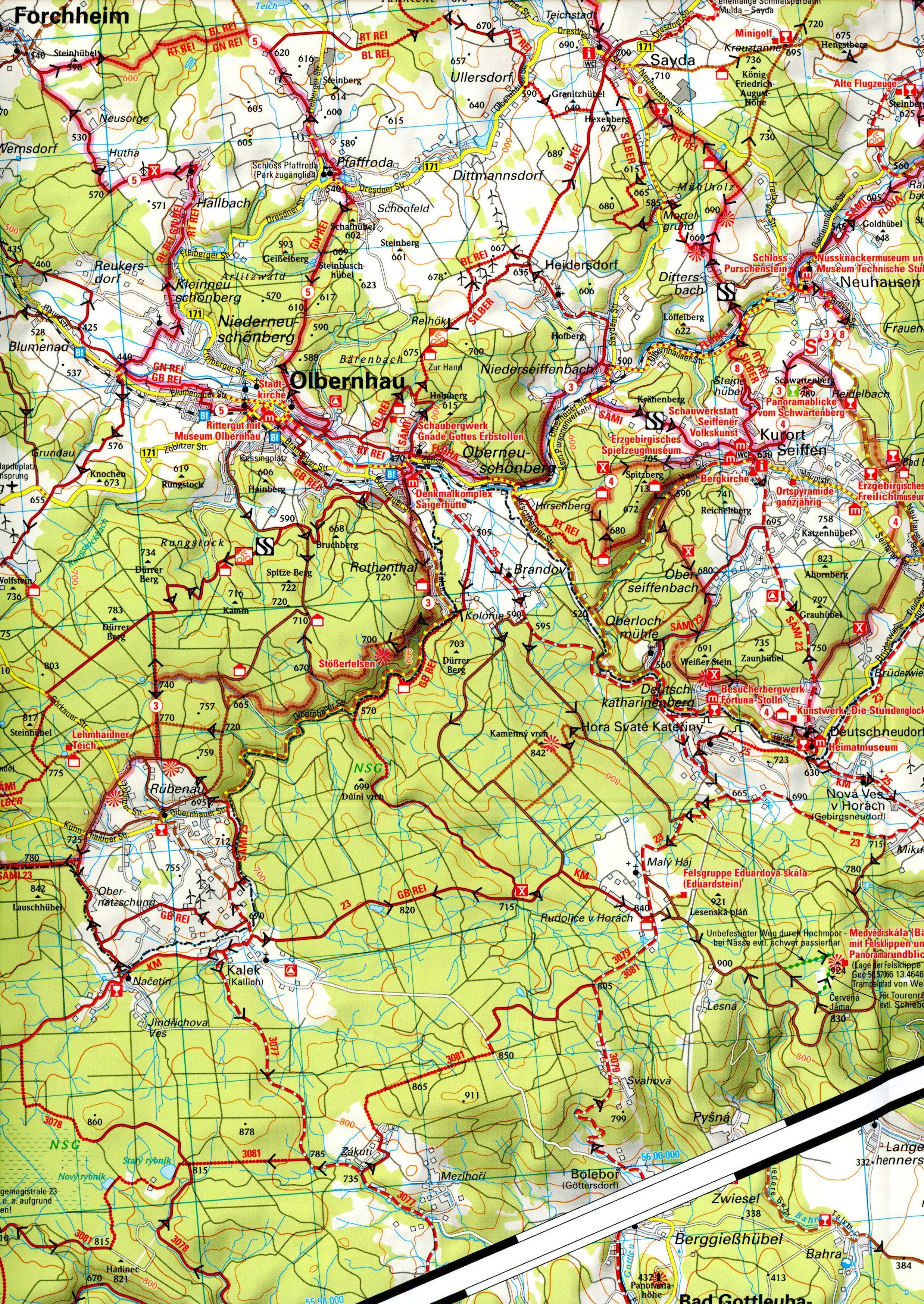 Beispielinhalt (Bild) ADFC-Regionalkarte Traumhafte E-Bike-Touren im Erzgebirge, 1:75.000, mit Tagestourenvorschlägen, reiß- und wetterfest, GPS-Tracks Download