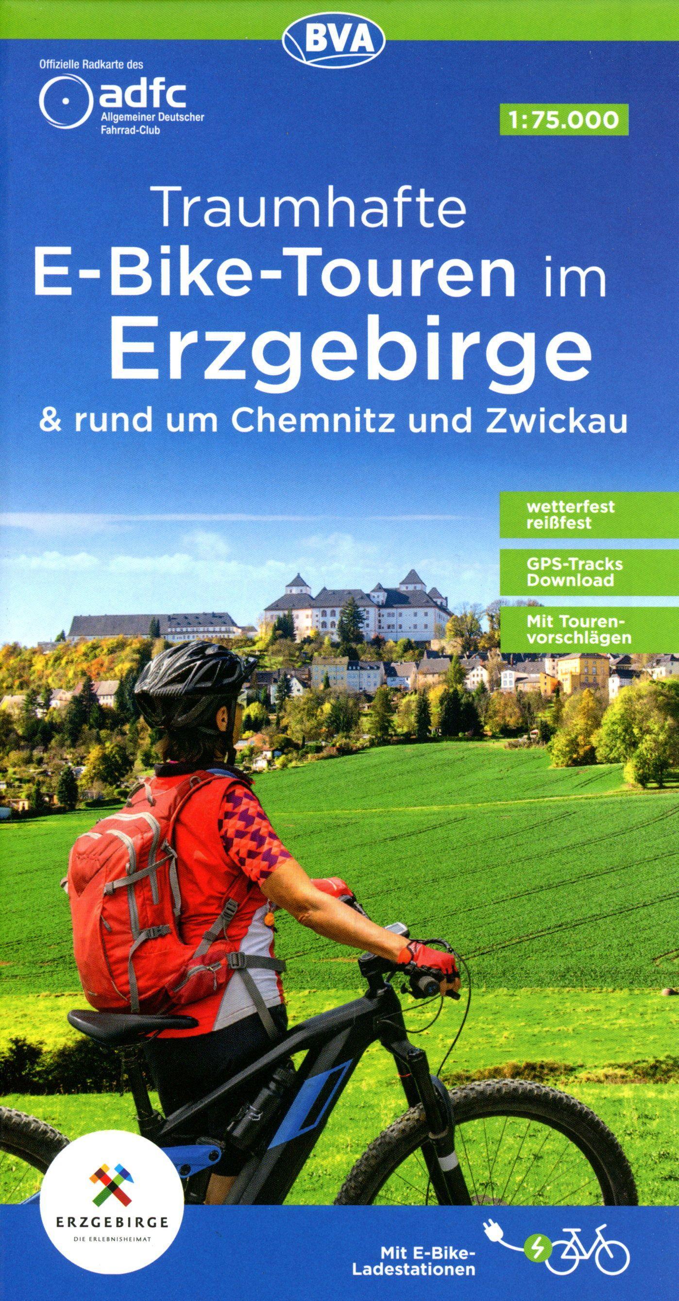 Vorderes Coverbild ADFC-Regionalkarte Traumhafte E-Bike-Touren im Erzgebirge, 1:75.000, mit Tagestourenvorschlägen, reiß- und wetterfest, GPS-Tracks Download