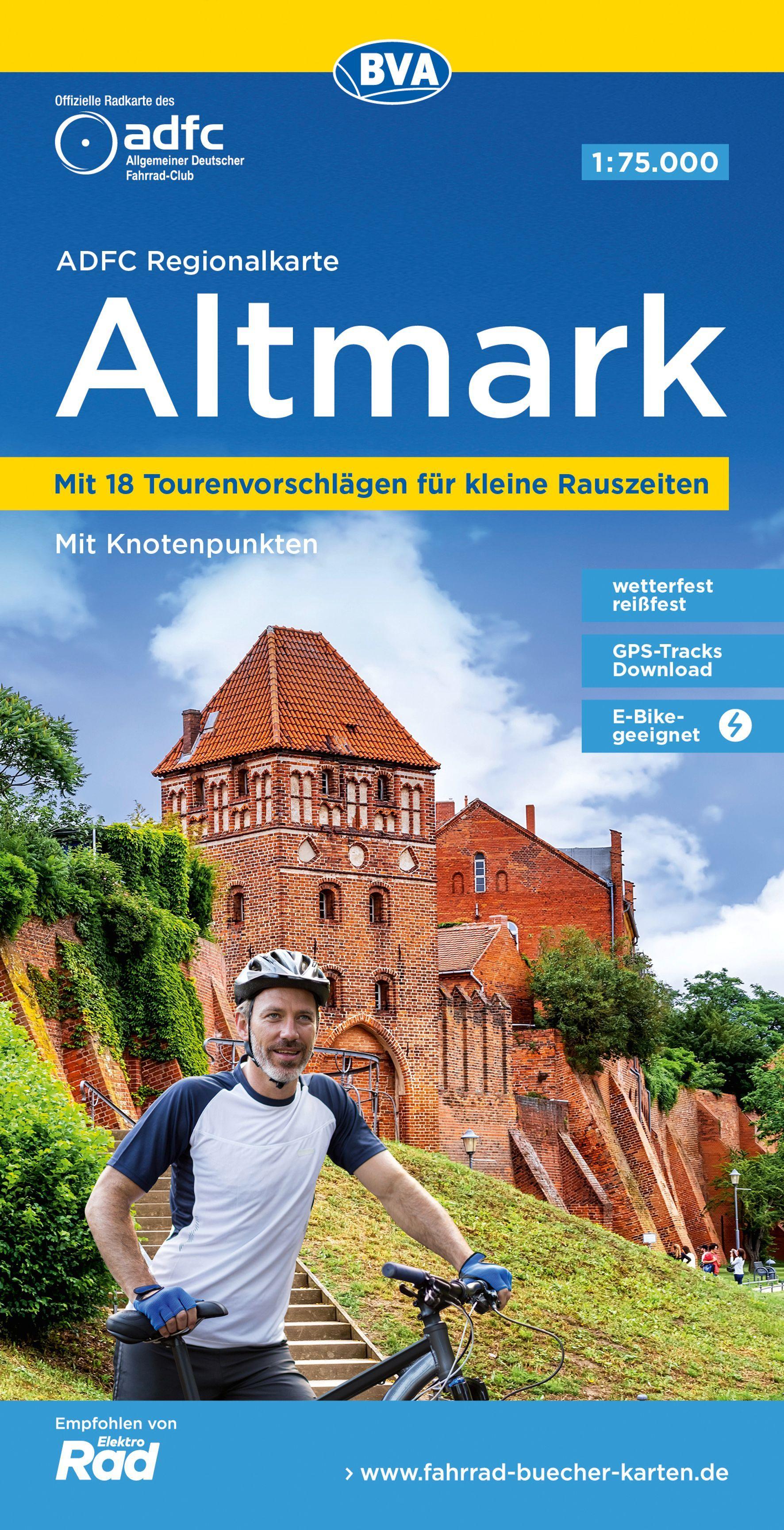 Vorderes Coverbild ADFC Regionalkarte Altmark, 1:75.000, mit Tagestourenvorschlägen, reiß- und wetterfest, E-Bike-geeignet, mit Knotenpunkten, GPS-Tracks Download