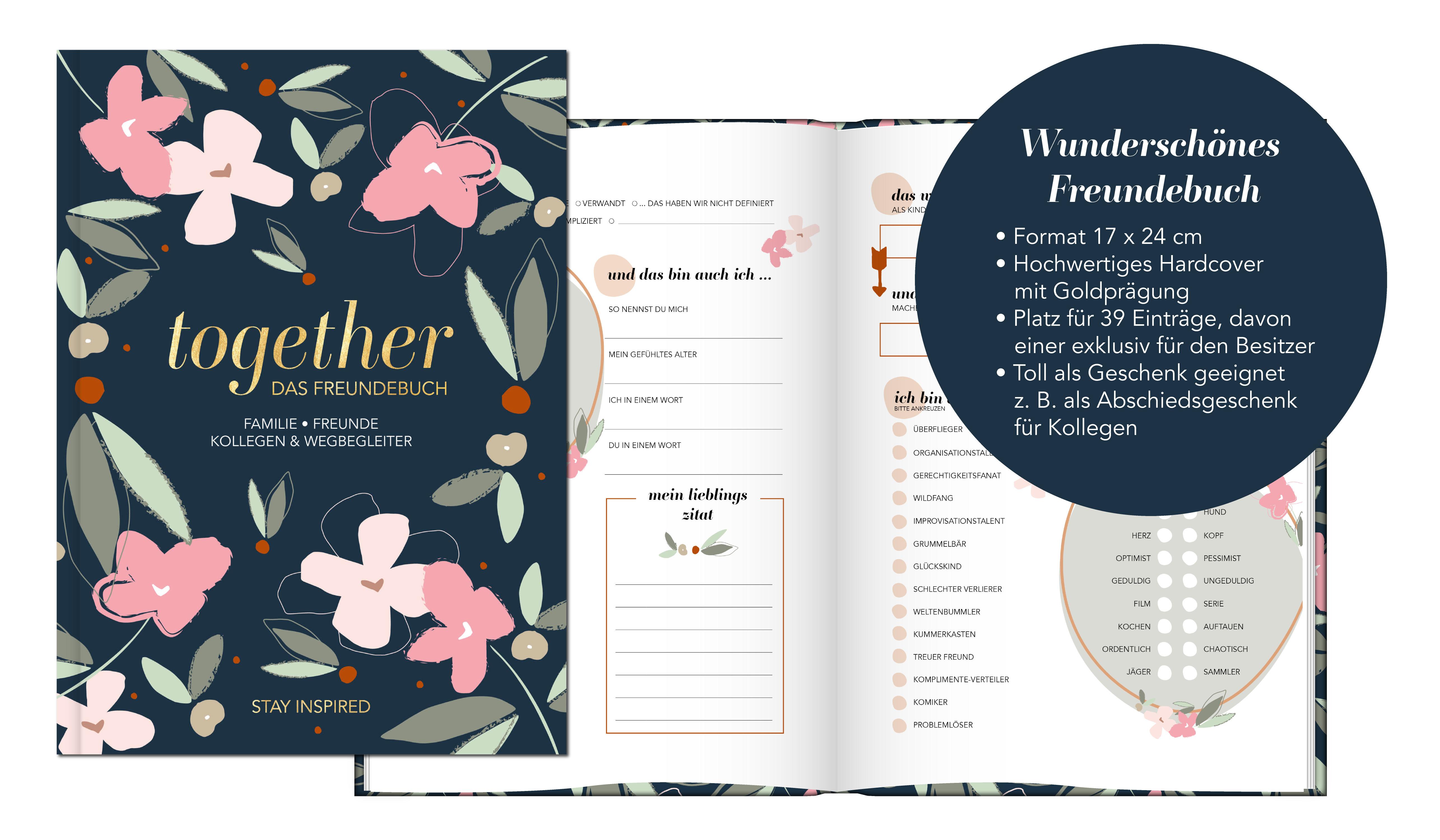 Beispielinhalt (Bild) Freundebuch für Erwachsene | Album zum Ausfüllen für Freunde und Kollegen mit edler Goldprägung | Freundschaftsbuch, Poesiealbum, Erinnerungsalbum als Geschenk