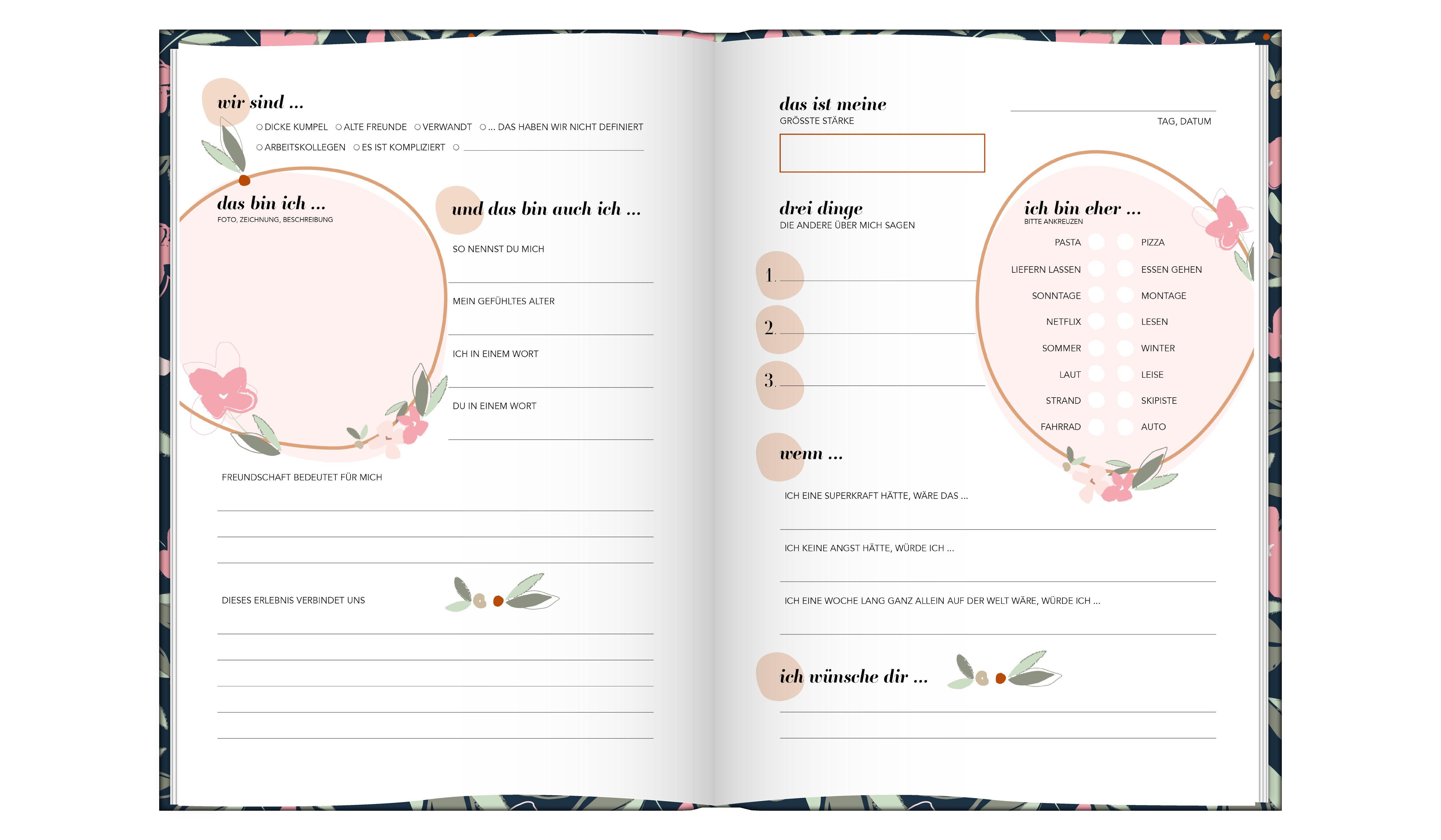 Beispielinhalt (Bild) Freundebuch für Erwachsene | Album zum Ausfüllen für Freunde und Kollegen mit edler Goldprägung | Freundschaftsbuch, Poesiealbum, Erinnerungsalbum als Geschenk