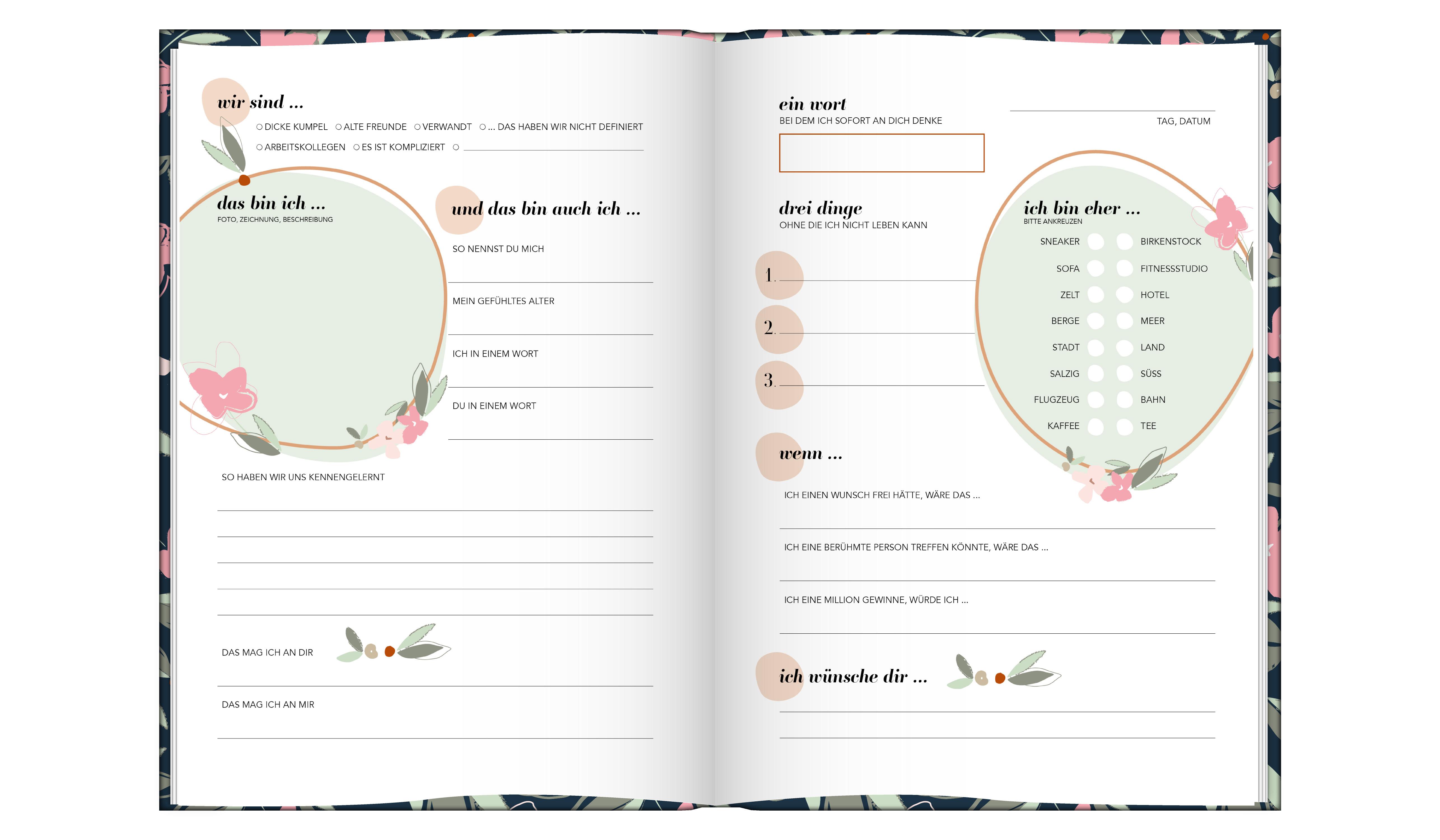 Beispielinhalt (Bild) Freundebuch für Erwachsene | Album zum Ausfüllen für Freunde und Kollegen mit edler Goldprägung | Freundschaftsbuch, Poesiealbum, Erinnerungsalbum als Geschenk