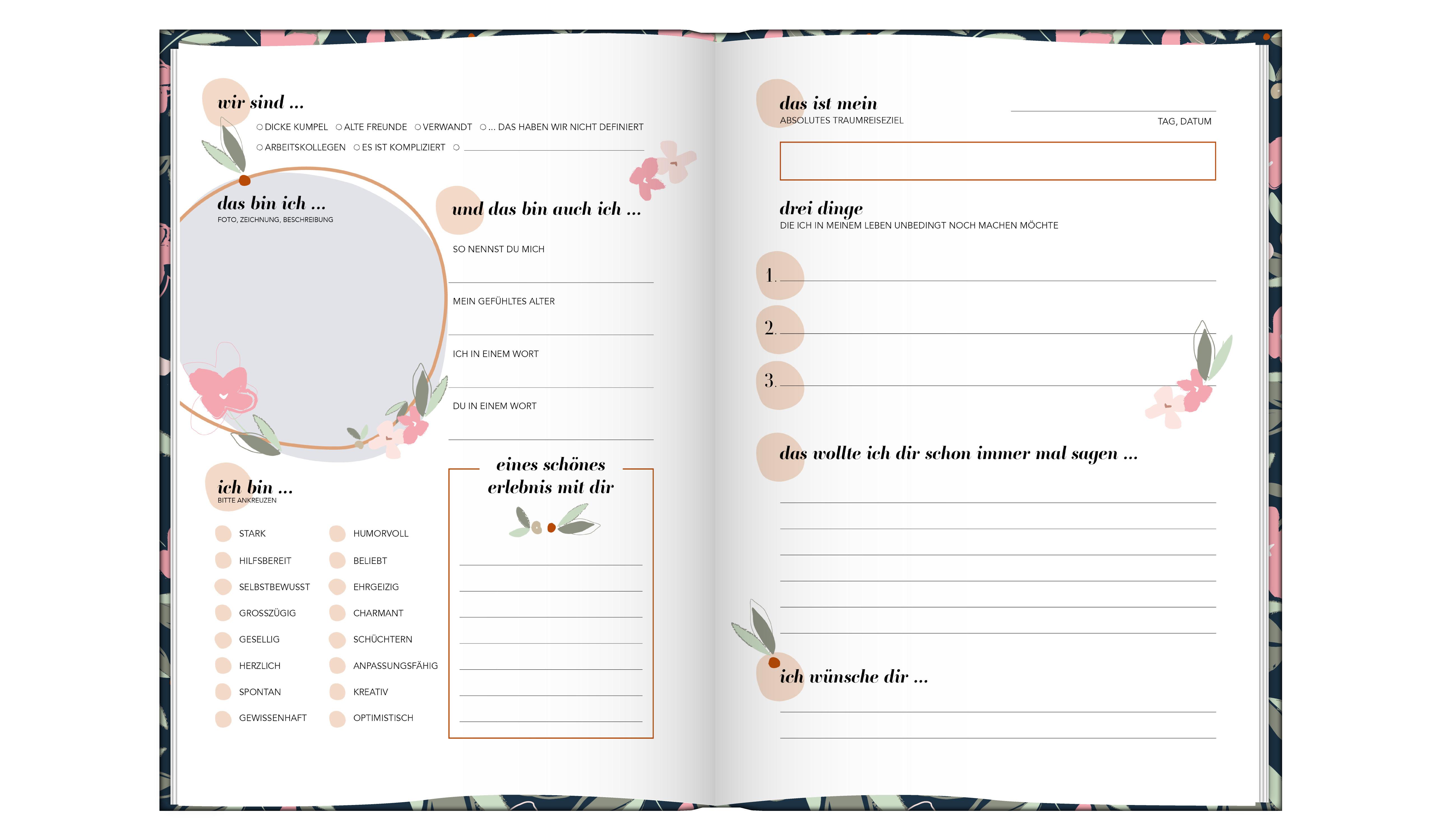 Beispielinhalt (Bild) Freundebuch für Erwachsene | Album zum Ausfüllen für Freunde und Kollegen mit edler Goldprägung | Freundschaftsbuch, Poesiealbum, Erinnerungsalbum als Geschenk