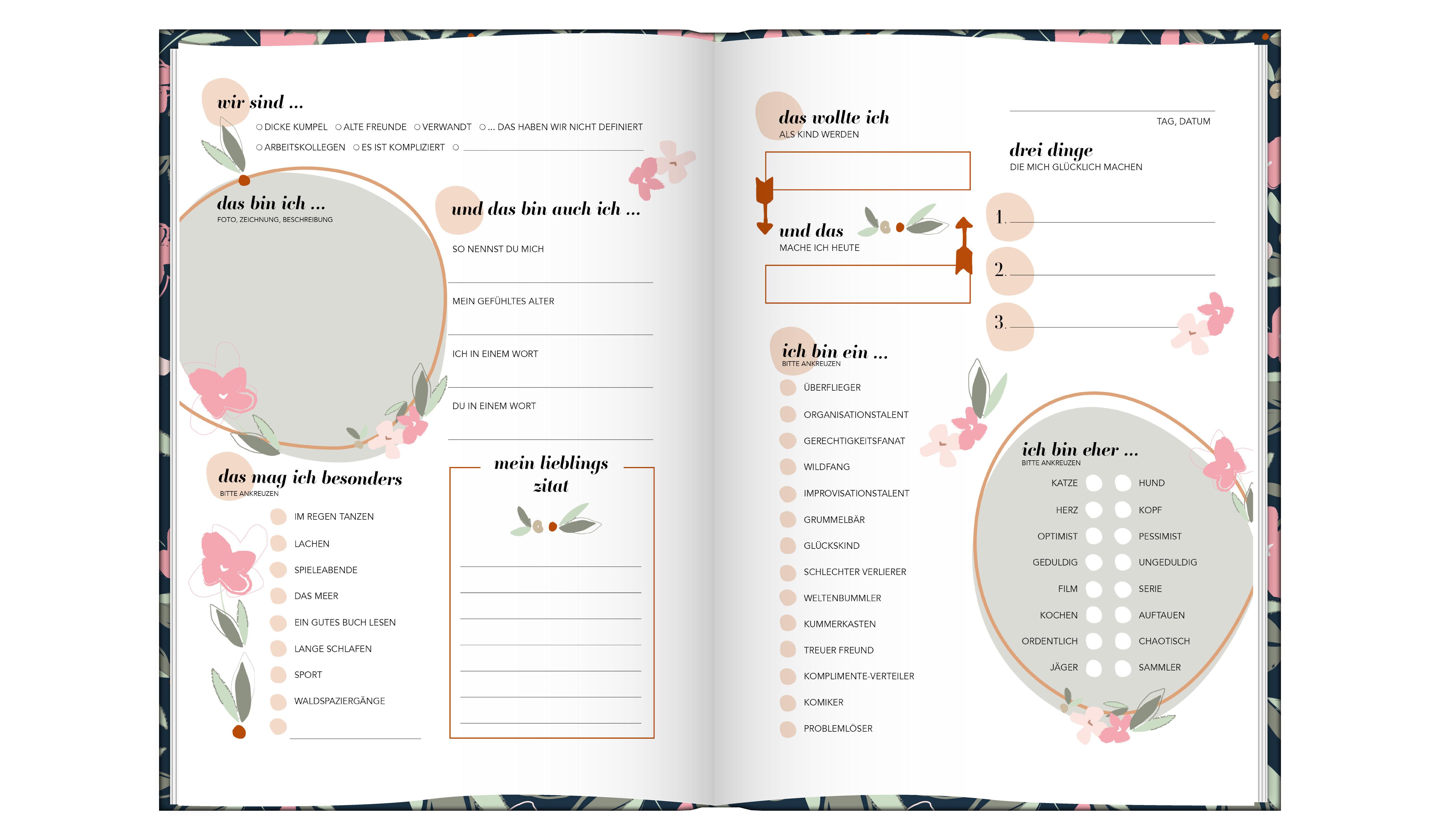 Beispielinhalt (Bild) Freundebuch für Erwachsene | Album zum Ausfüllen für Freunde und Kollegen mit edler Goldprägung | Freundschaftsbuch, Poesiealbum, Erinnerungsalbum als Geschenk