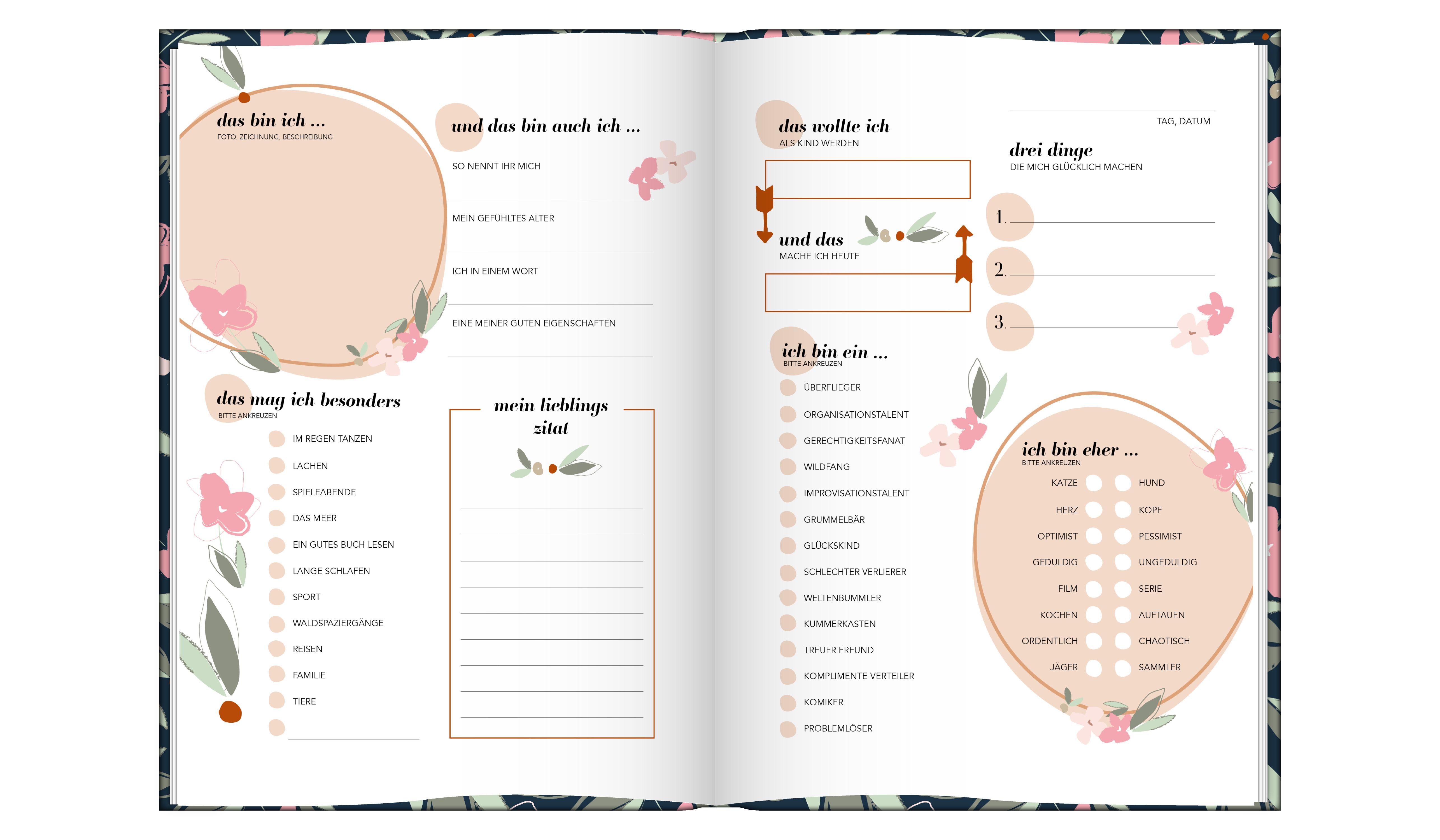 Beispielinhalt (Bild) Freundebuch für Erwachsene | Album zum Ausfüllen für Freunde und Kollegen mit edler Goldprägung | Freundschaftsbuch, Poesiealbum, Erinnerungsalbum als Geschenk