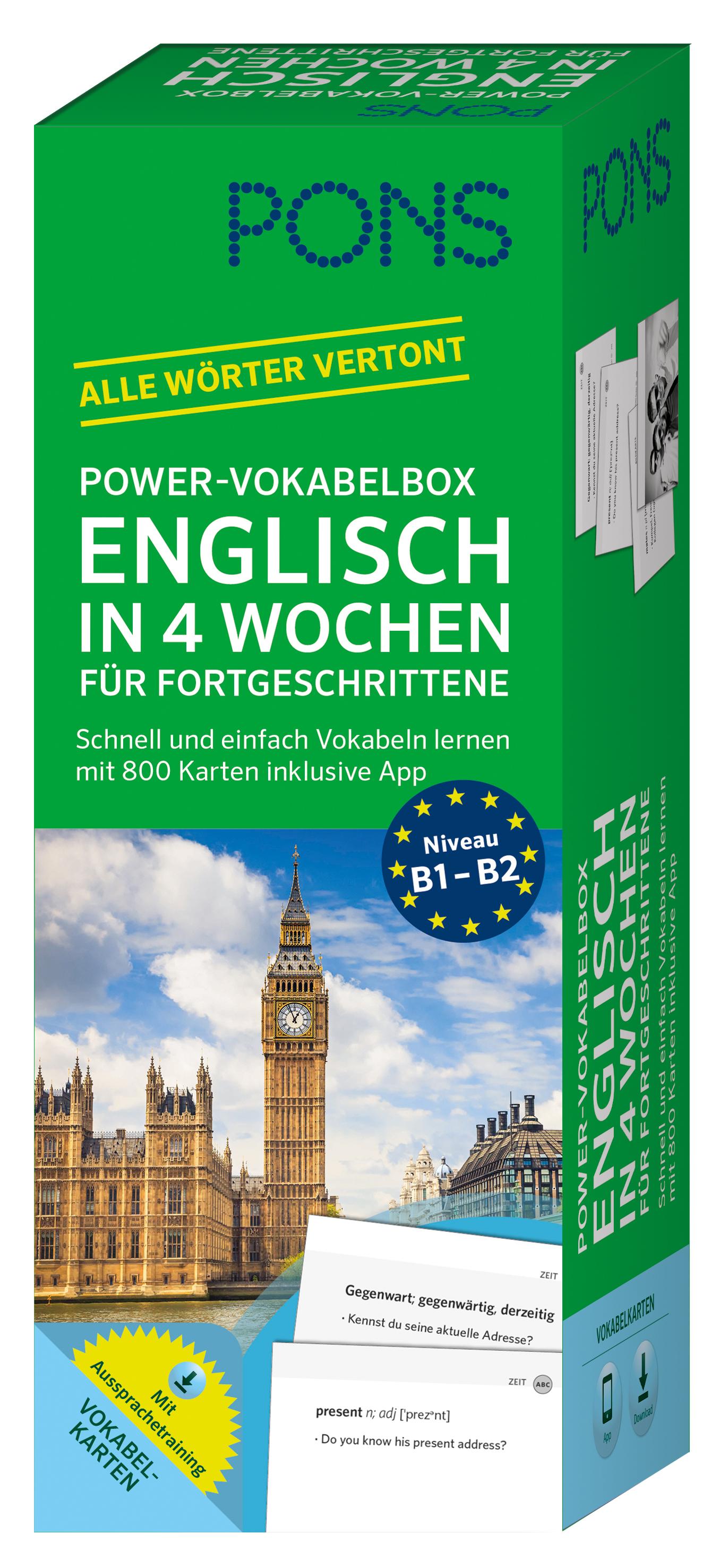 Vorderes Coverbild PONS Power-Vokabelbox Englisch in 4 Wochen für Fortgeschrittene