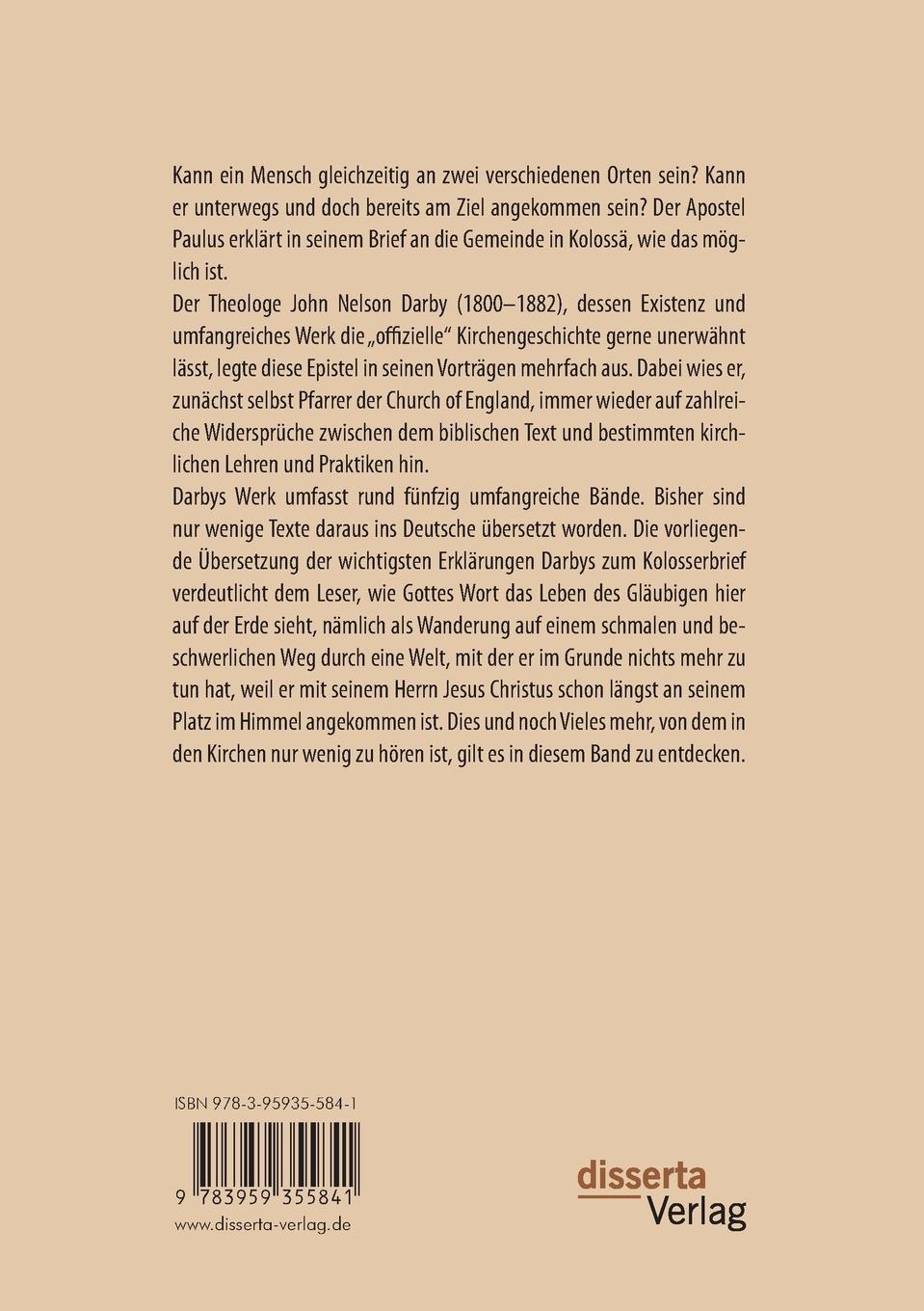 Rückseitencover Unterwegs nach Schonda. John Nelson Darbys Auslegungen des Kolosserbriefes, übersetzt und kommentiert von Michael Veit