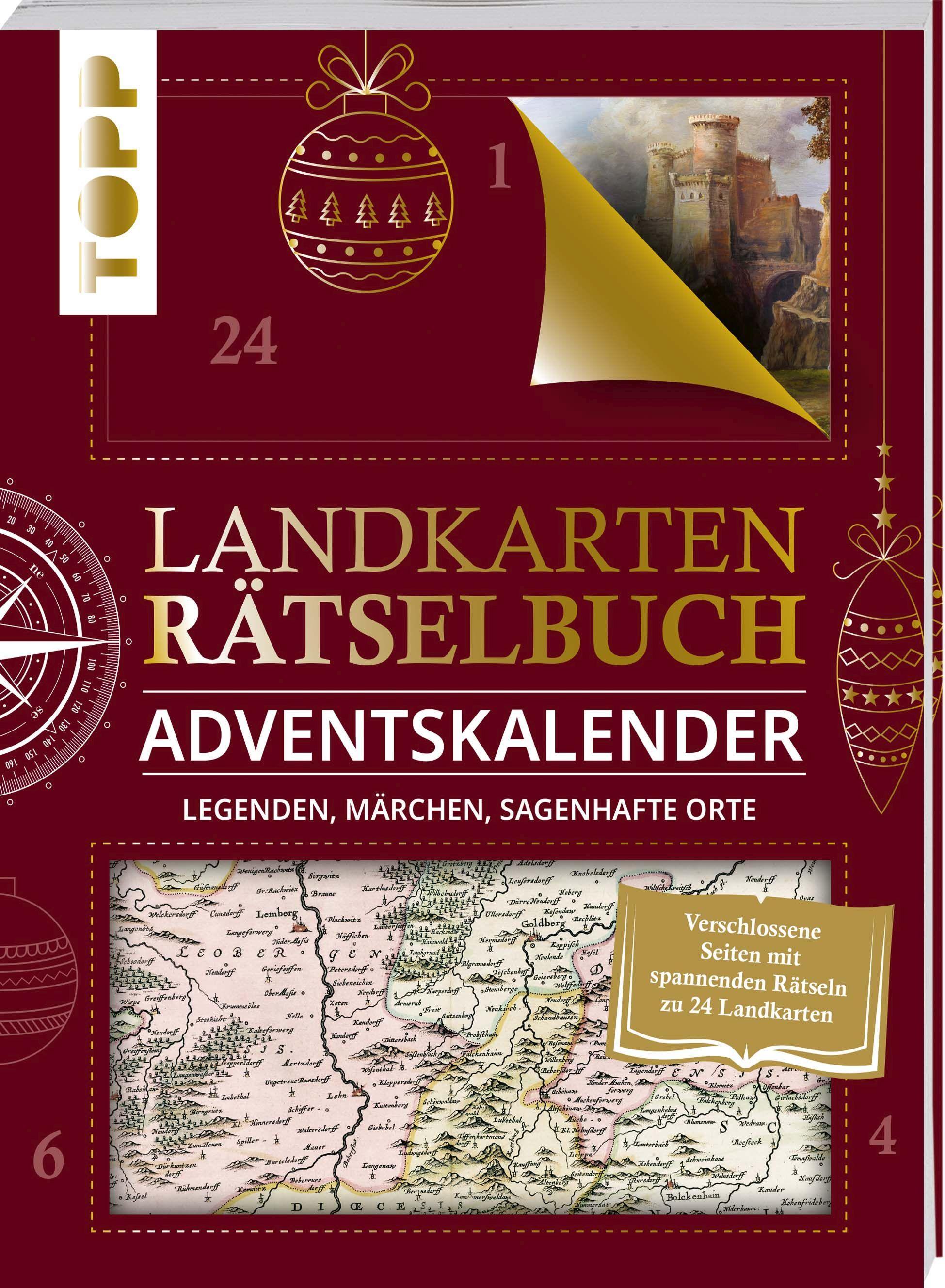 Vorderes Coverbild Landkarten Rätselbuch Adventskalender. Legenden, Märchen, sagenhafte Orte