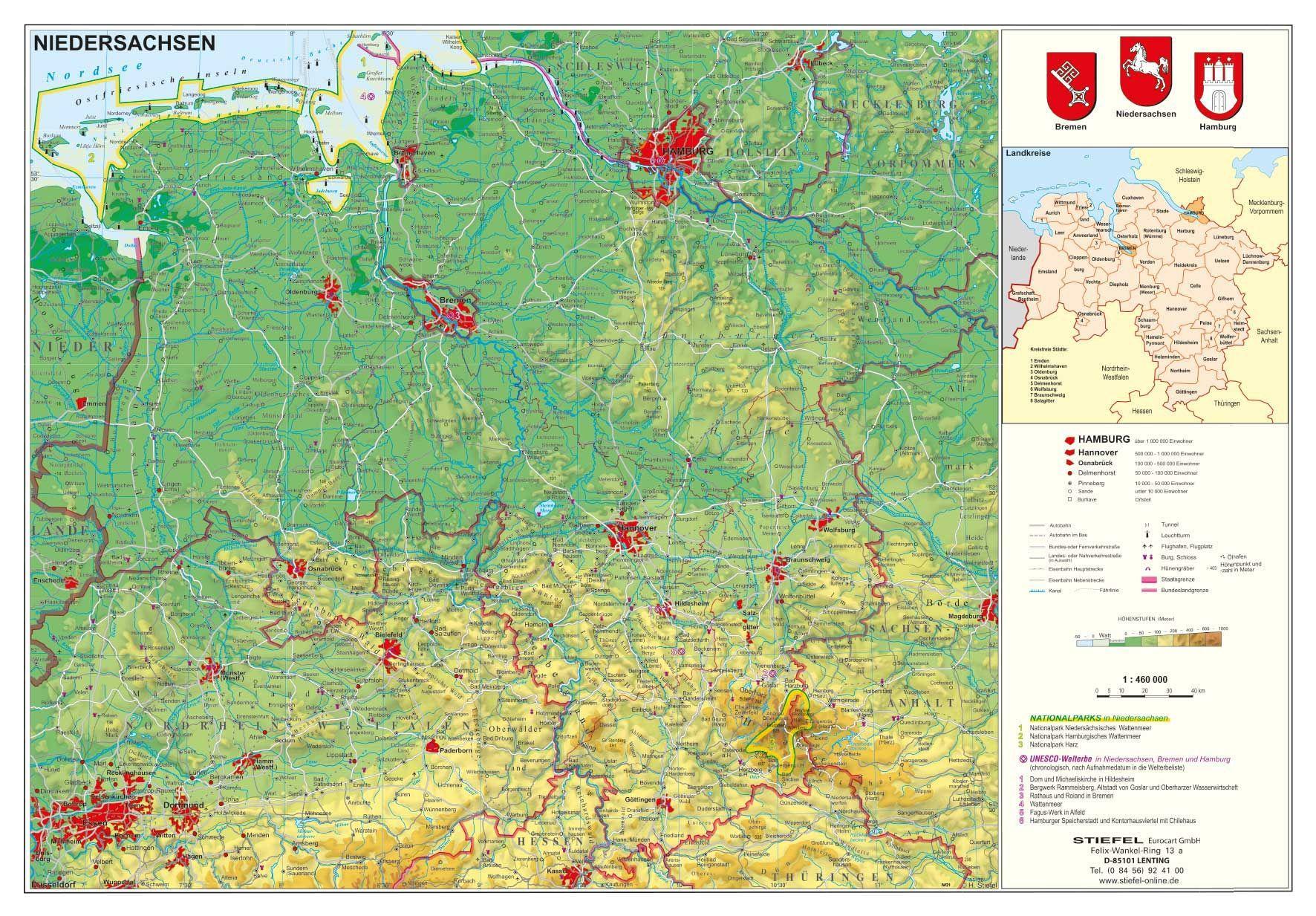 Vorderes Coverbild Niedersachsen physisch 1:460 000