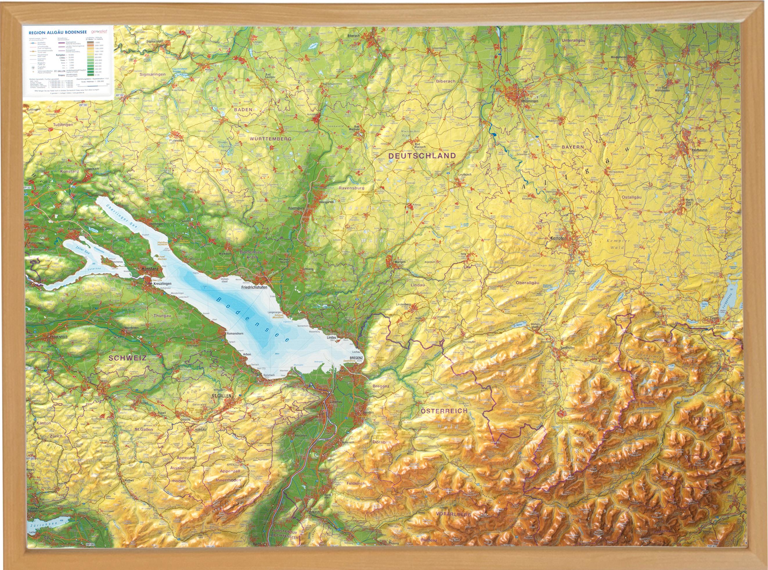 Vorderes Coverbild Relief Allgäu Bodensee 1:200.000 mit Naturholzrahmen