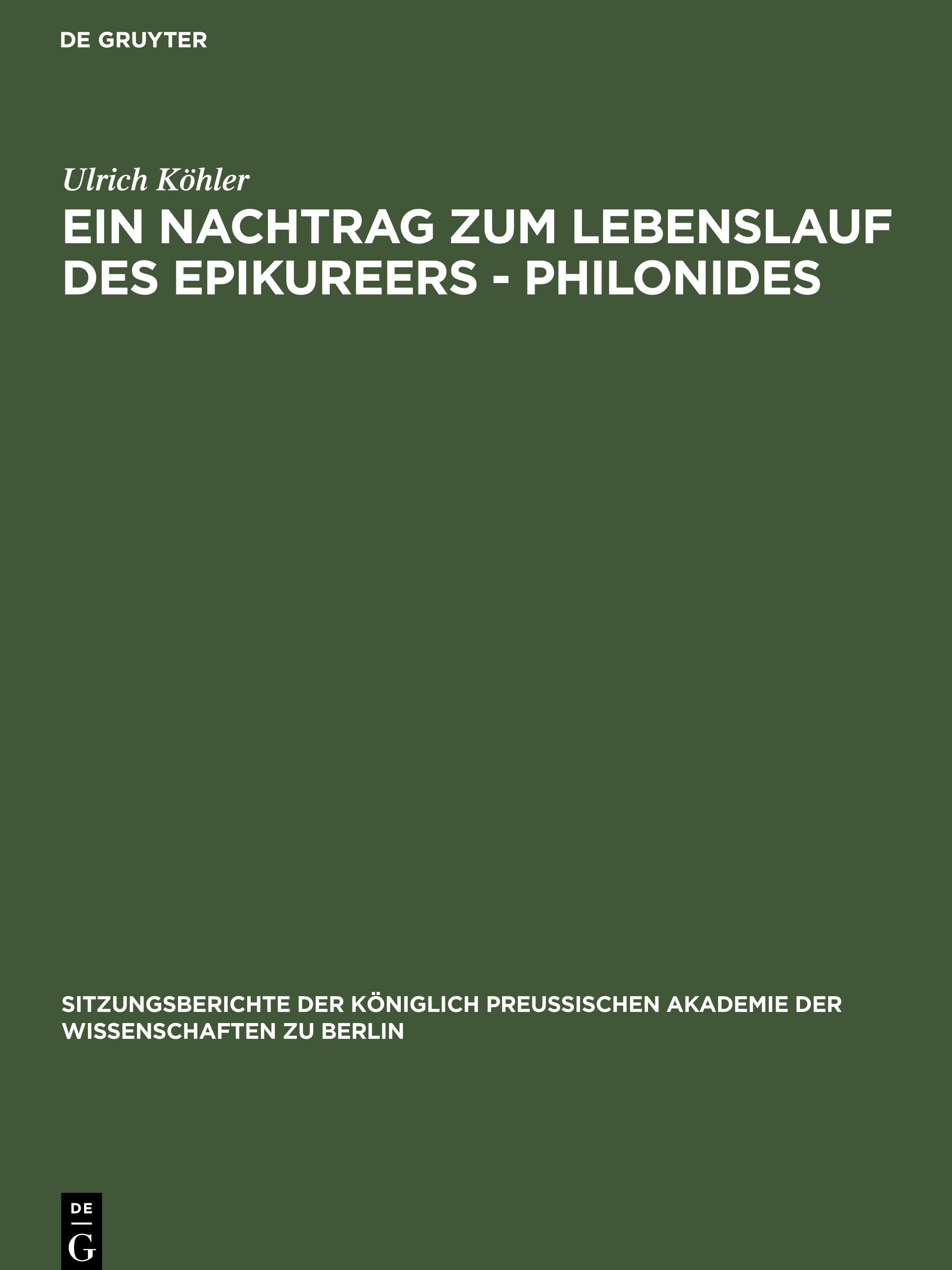 Vorderes Coverbild Ein Nachtrag zum Lebenslauf des Epikureers - Philonides