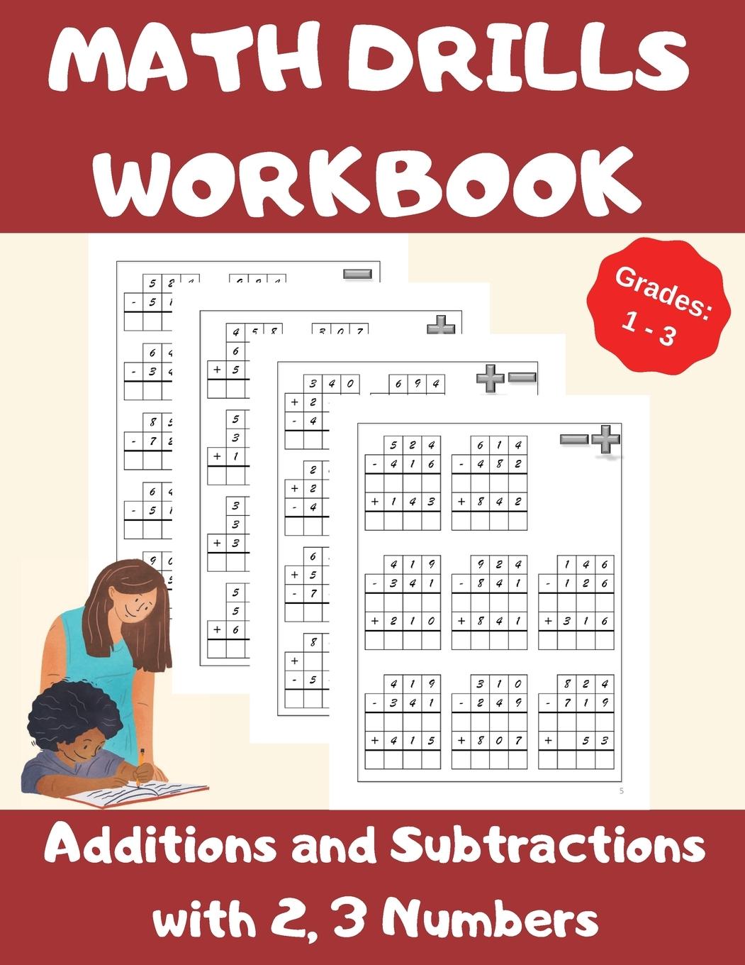 Vorderes Coverbild Math Drills Workbook, Additions and Subtractions with 2,3 Numbers, Grades 1-3