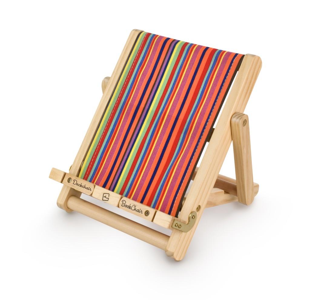 Vorderes Coverbild Bookchair (Medium) | Bunt gestreift | Buchständer aus Holz | Leseständer | Für Bücher, E-Reader und Tablets | Lesehilfe | Tablethalter | freihändig Lesen | aktives Sitzen | ergonomisches Lesen | Geschenk für Leser & Buchliebhaber