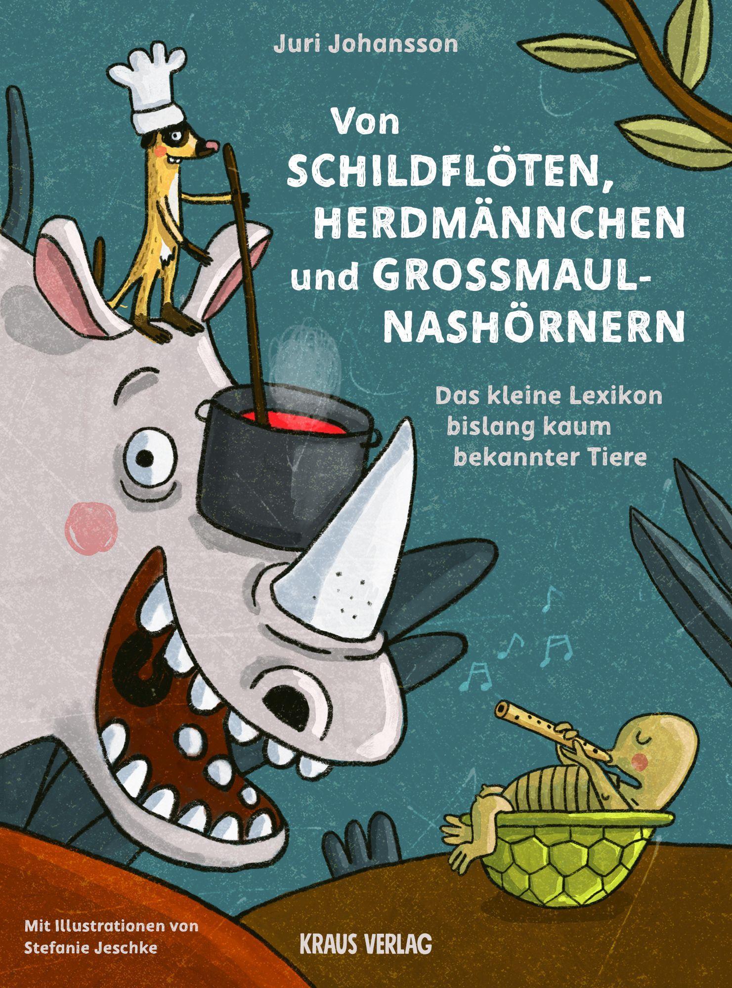 Vorderes Coverbild Von Schildflöten, Herdmännchen und Großmaulnashörnern.