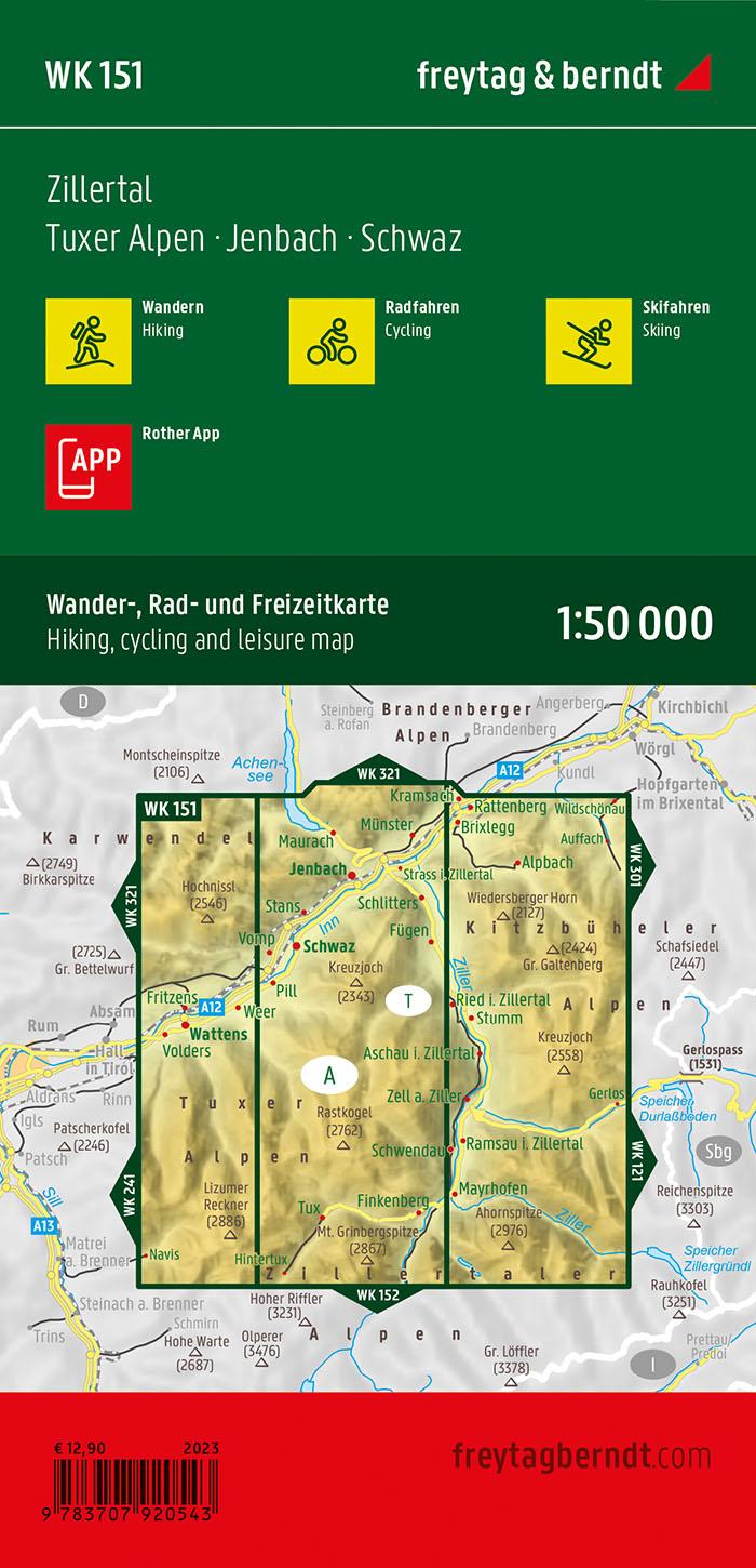 Rückseitencover Zillertal, Wander-, Rad- und Freizeitkarte 1:50.000, freytag & berndt, WK 151