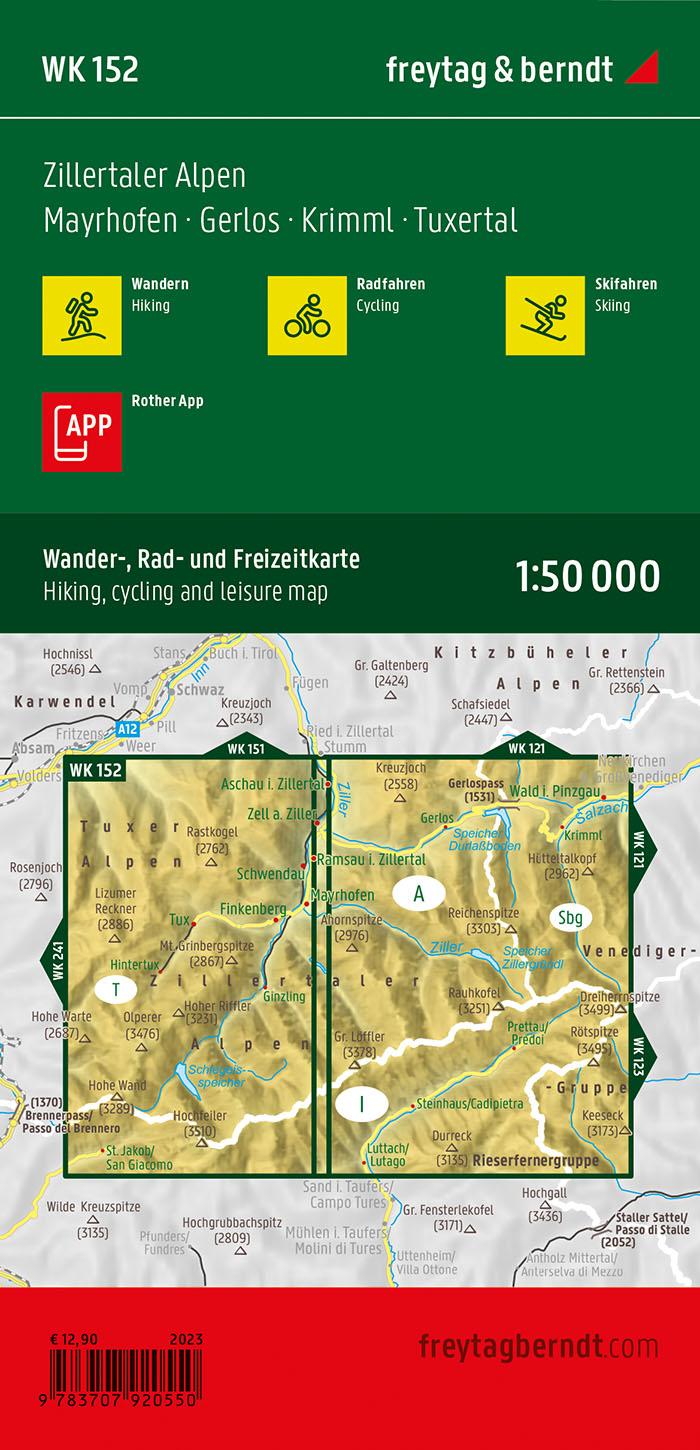 Rückseitencover Zillertaler Alpen, Wander-, Rad- und Freizeitkarte 1:50.000, freytag & berndt, WK 152