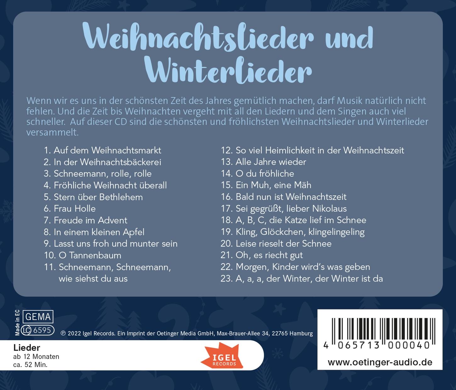 Rückseitencover Weihnachtslieder und Winterlieder