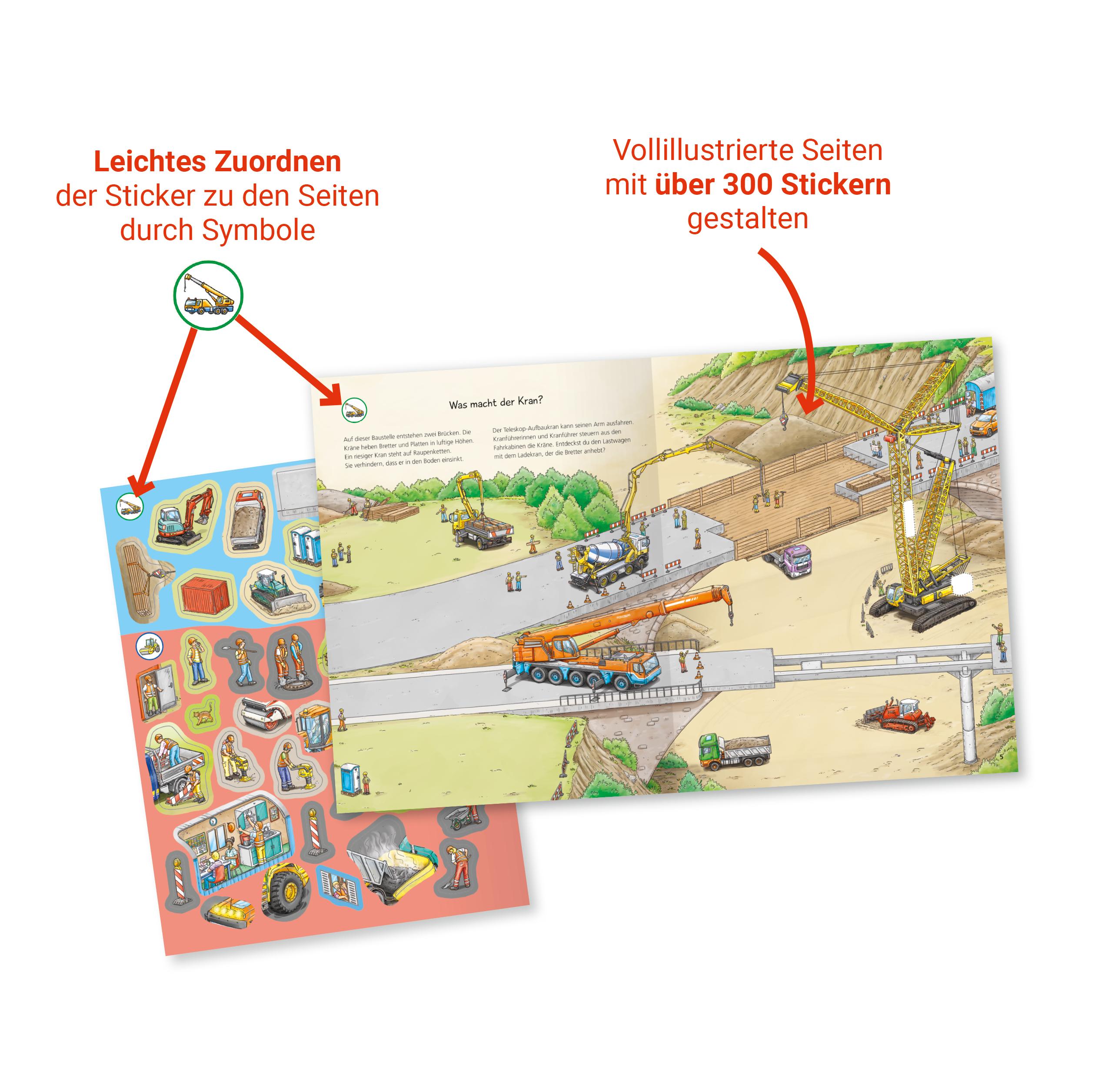 Beispielinhalt (Bild) Wieso? Weshalb? Warum? Stickerheft: Fahrzeuge auf der Baustelle