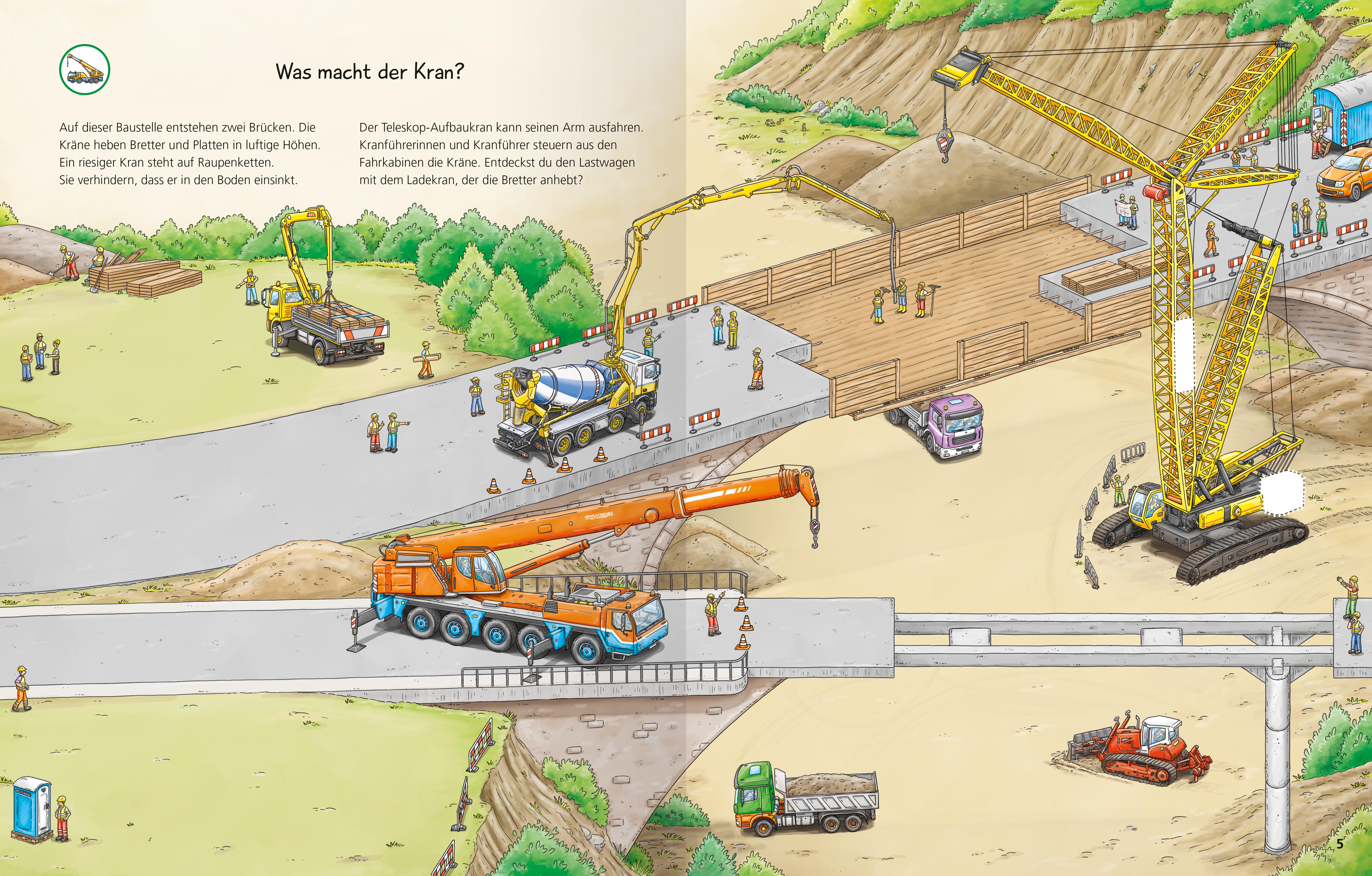Beispielinhalt (Bild) Wieso? Weshalb? Warum? Stickerheft: Fahrzeuge auf der Baustelle
