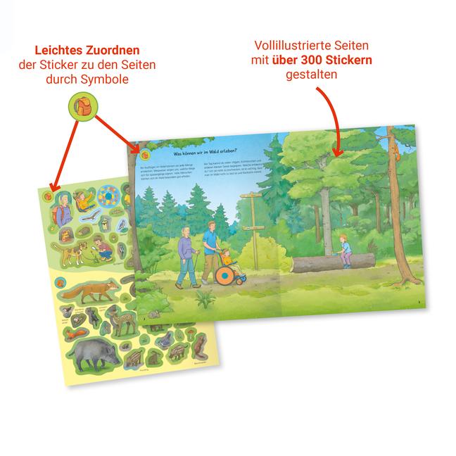 Beispielinhalt (Bild) Wieso? Weshalb? Warum? Stickerheft: Im Wald