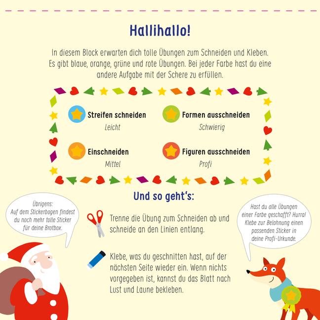 Beispielinhalt (Bild) Ravensburger Schnipp-Schnapp Schneiden lernen Weihnachten - Schneiden und Kleben ab 3 Jahren - Block mit Belohnungsstickern und Profi-Urkunde - Perforierte Seiten