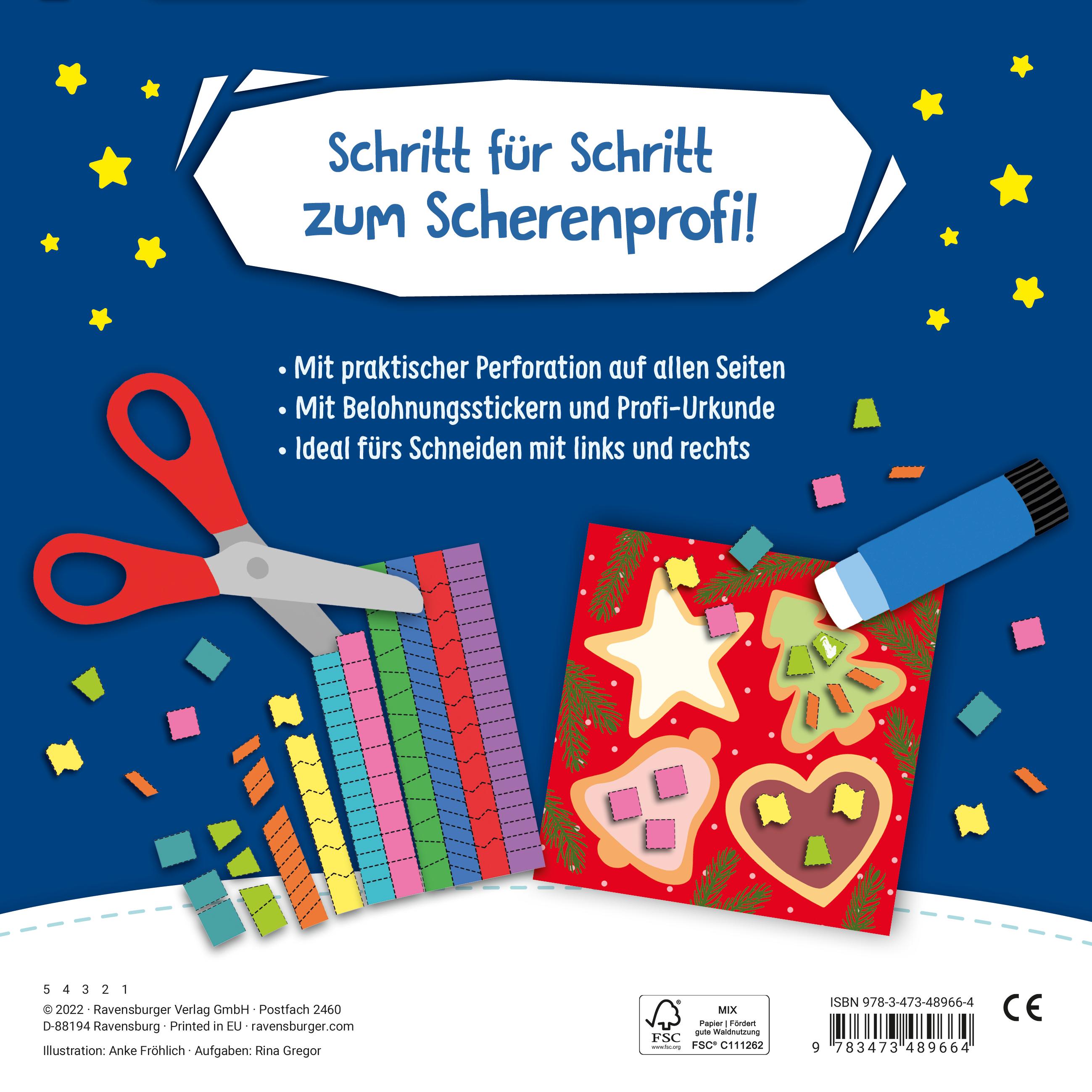 Rückseitencover Ravensburger Schnipp-Schnapp Schneiden lernen Weihnachten - Schneiden und Kleben ab 3 Jahren - Block mit Belohnungsstickern und Profi-Urkunde - Perforierte Seiten
